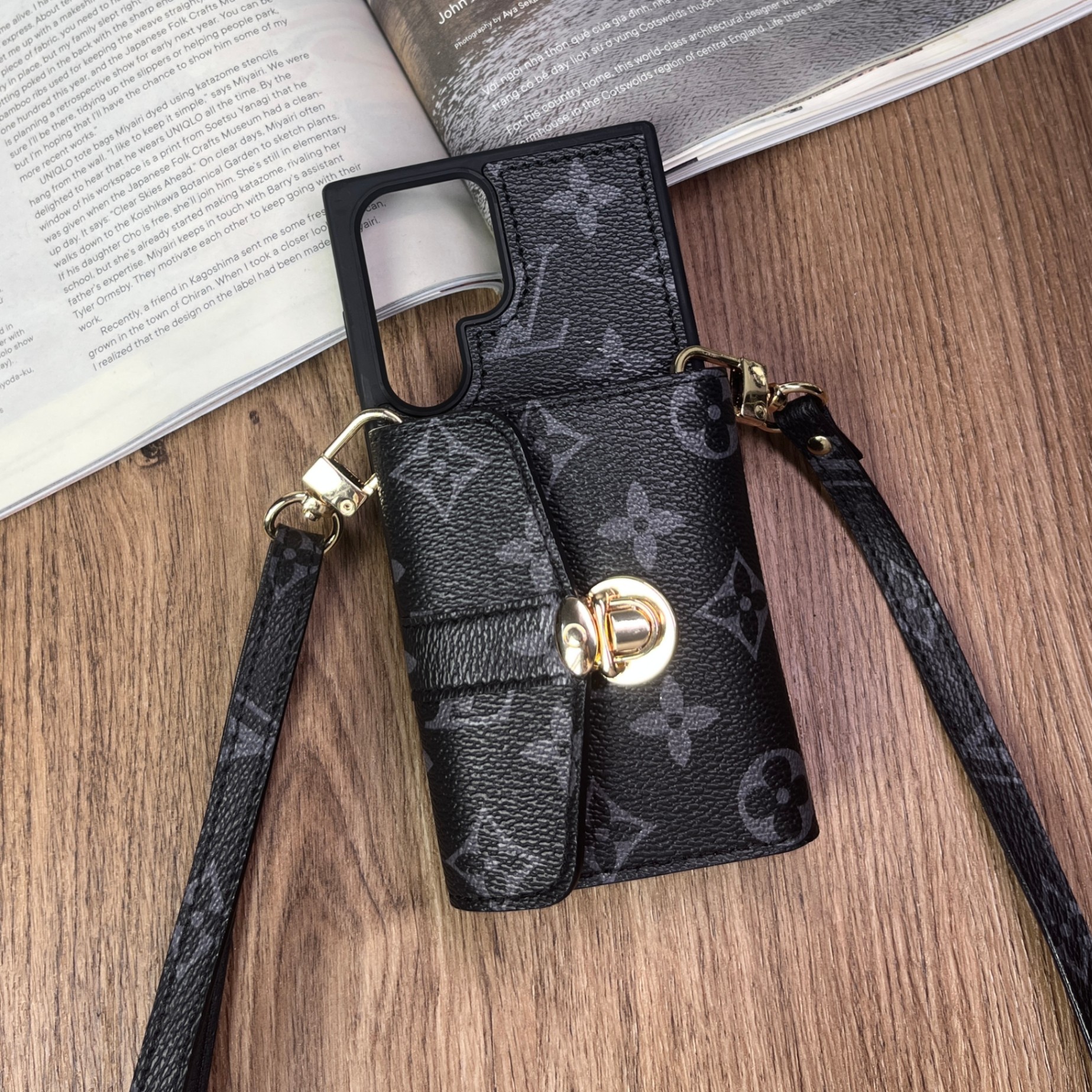 Ốp da thủ công ngăn ví khoá sập Noir Classic kèm dây đeo dành cho Sam Sung - LV