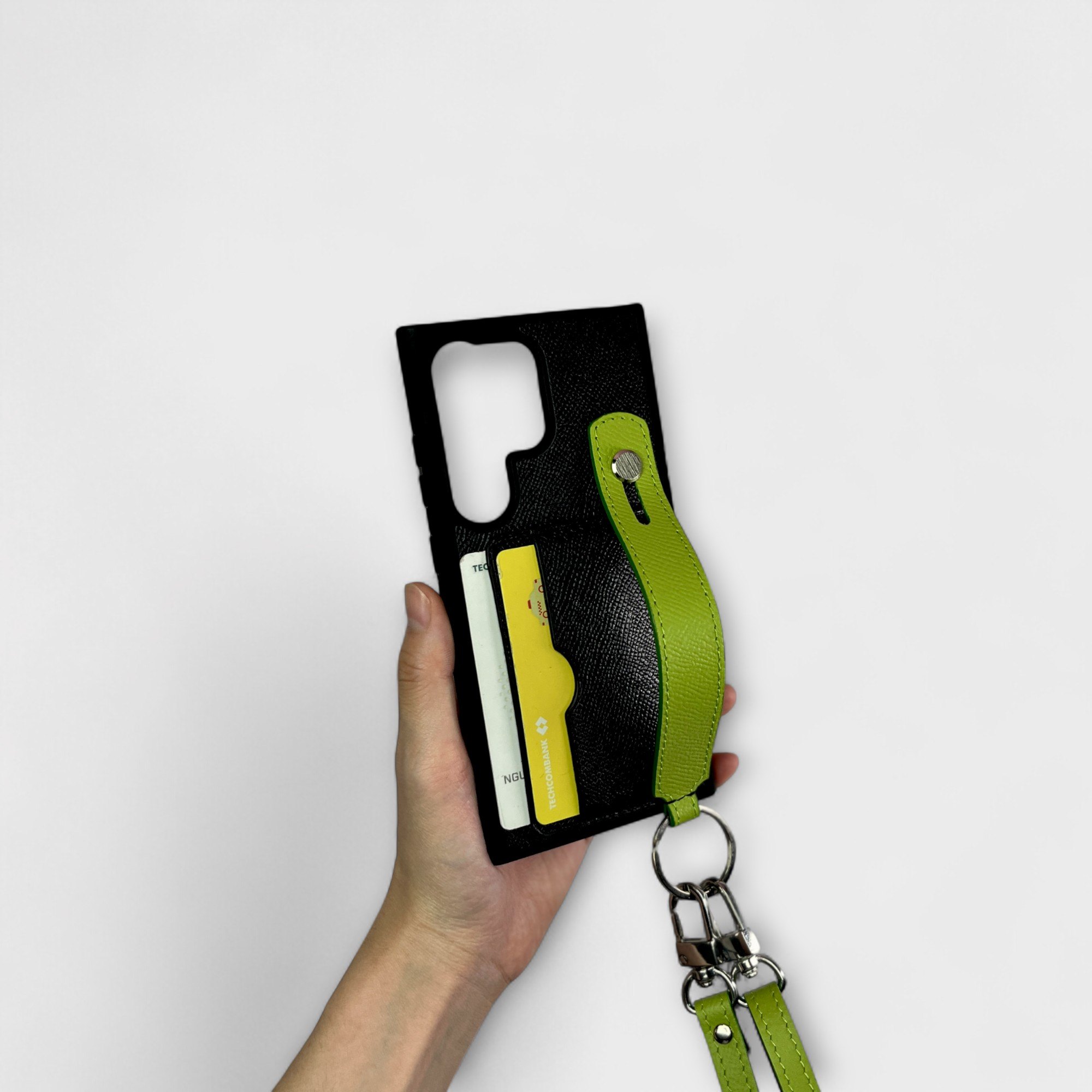 Ốp da thủ công hai ngăn thẻ, handstrap kèm dây đeo chéo mix màu dành cho Sam Sung