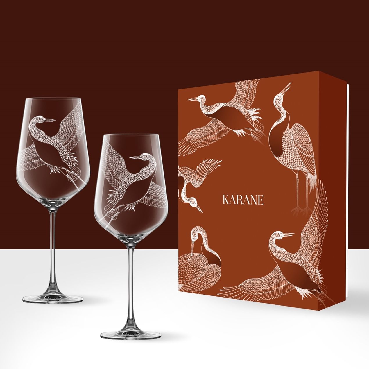 Bộ 2 Ly Karane Limited Bordeaux - Khắc hình Chim Hạc - 770ml