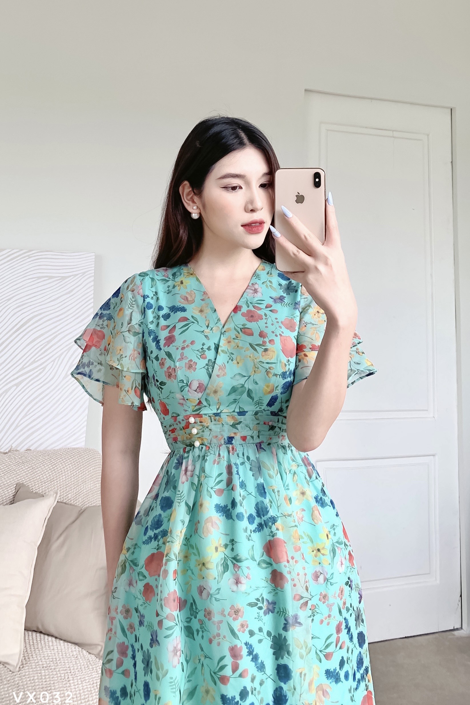 Váy hoa xòe nhún eo nữ tính