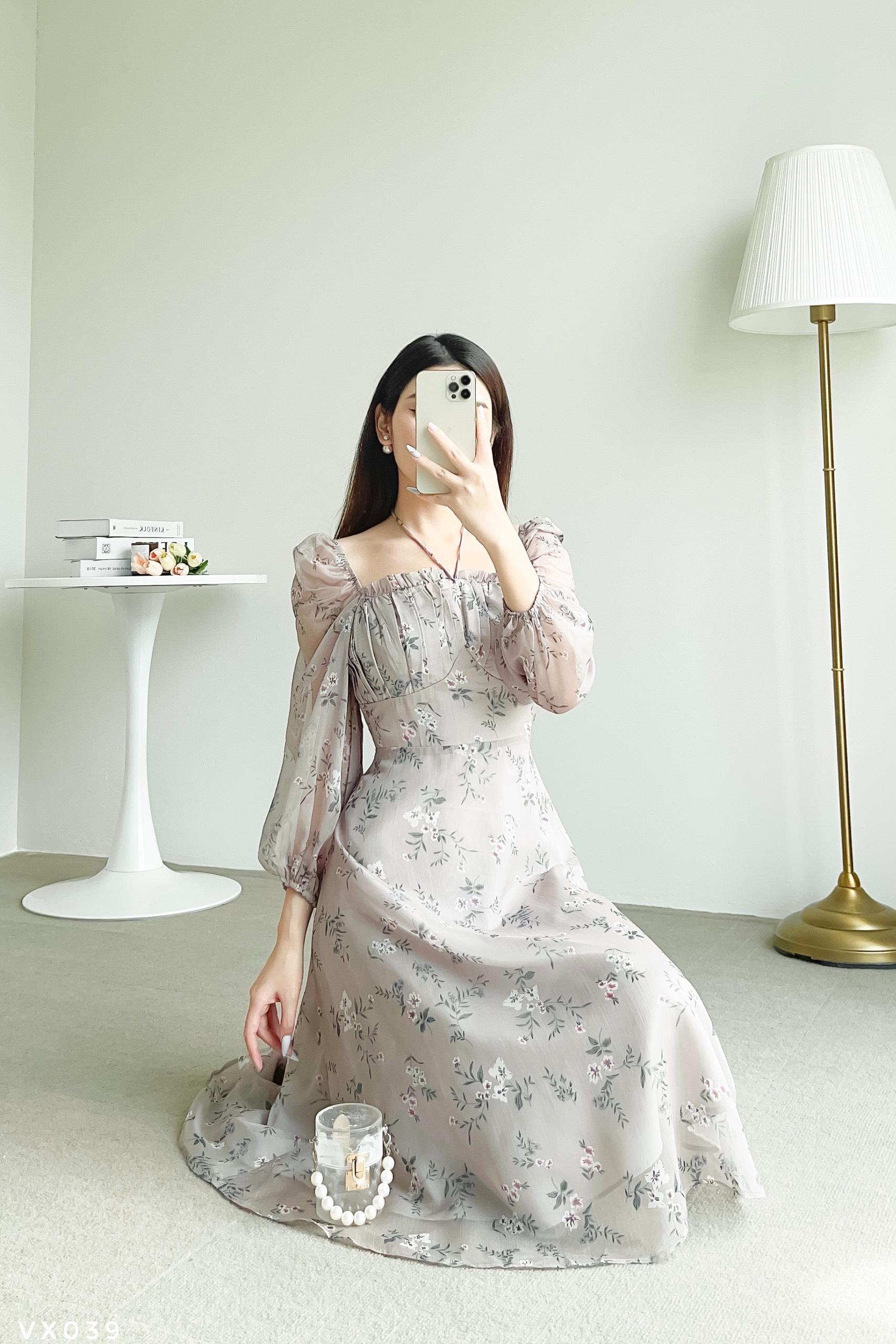 Váy hoa xòe nhún ngực tay bồng tiểu thư