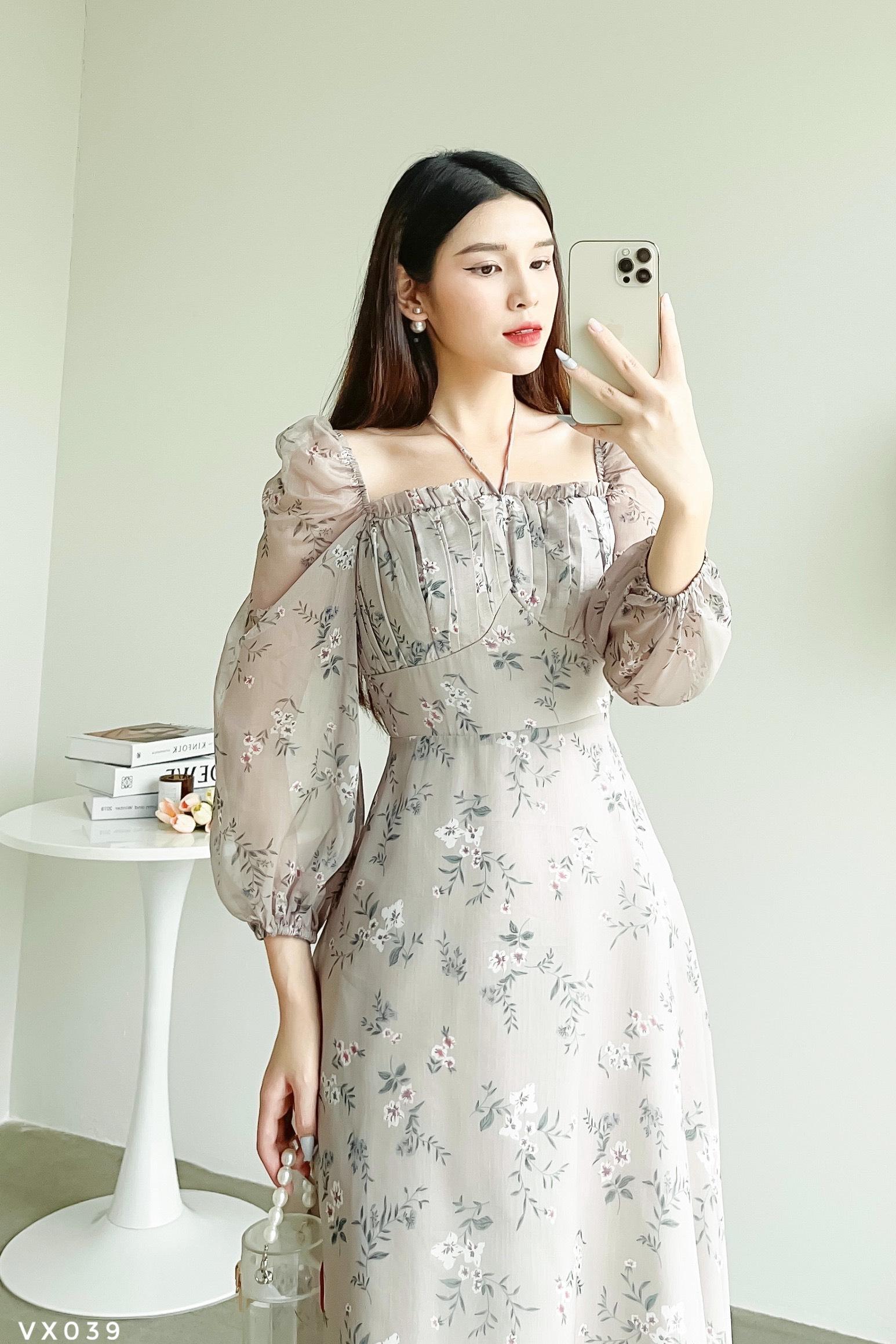 Váy hoa xòe nhún ngực tay bồng tiểu thư