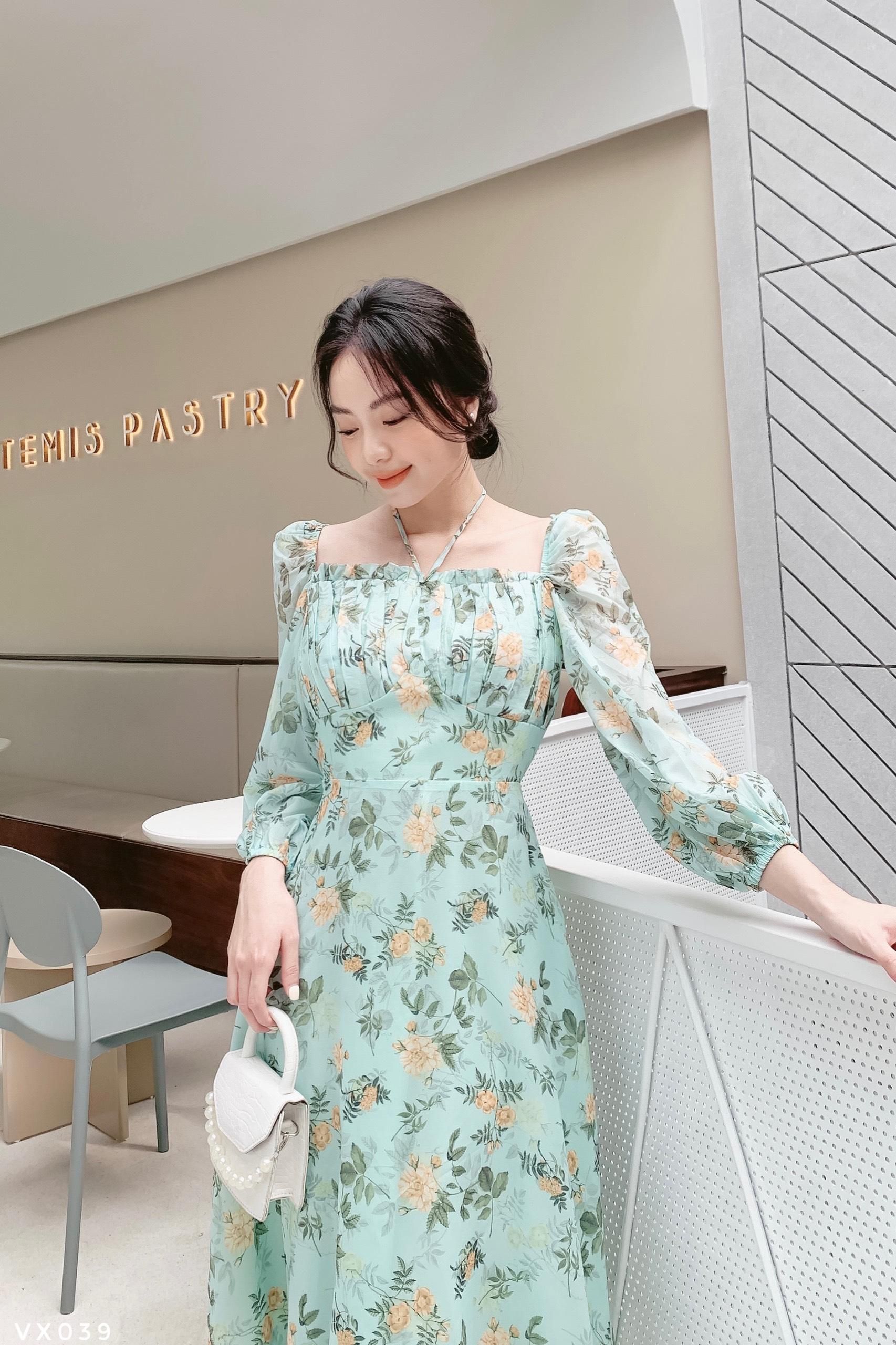 Váy hoa xòe nhún ngực tay bồng tiểu thư