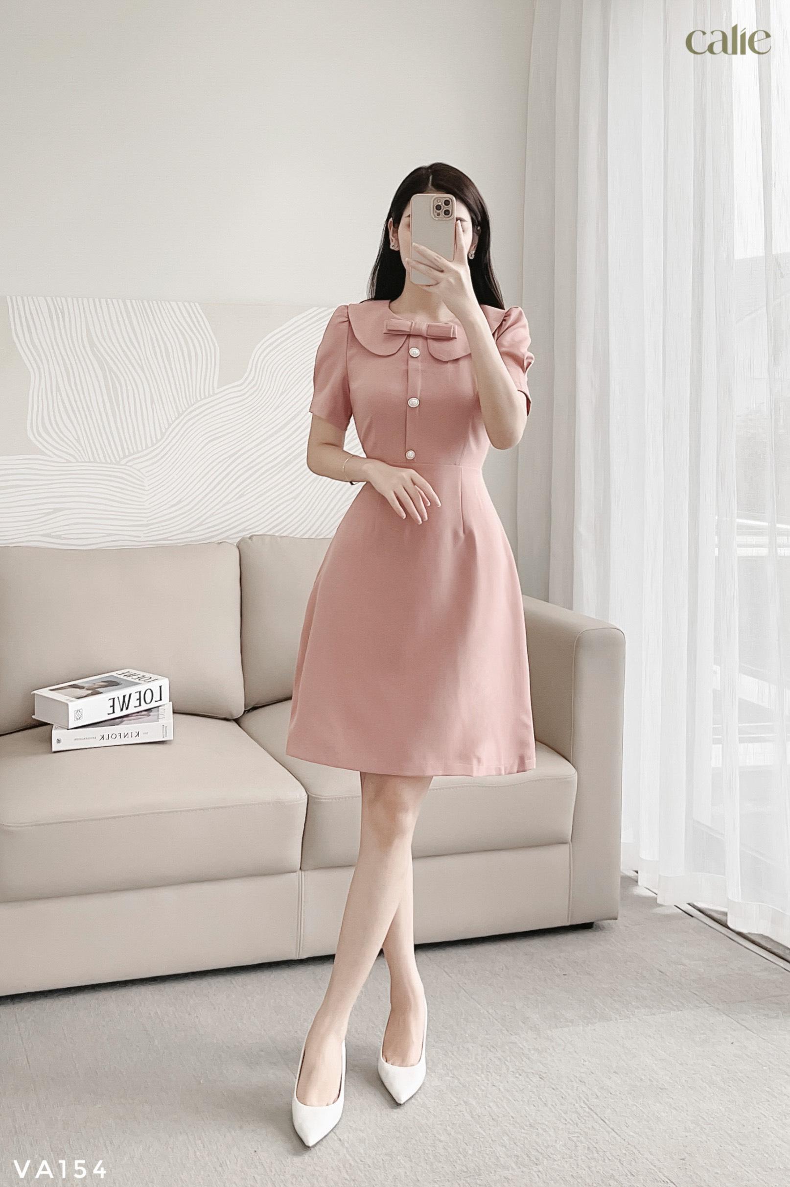 Váy dáng A tay bồng cổ sen nữ tính