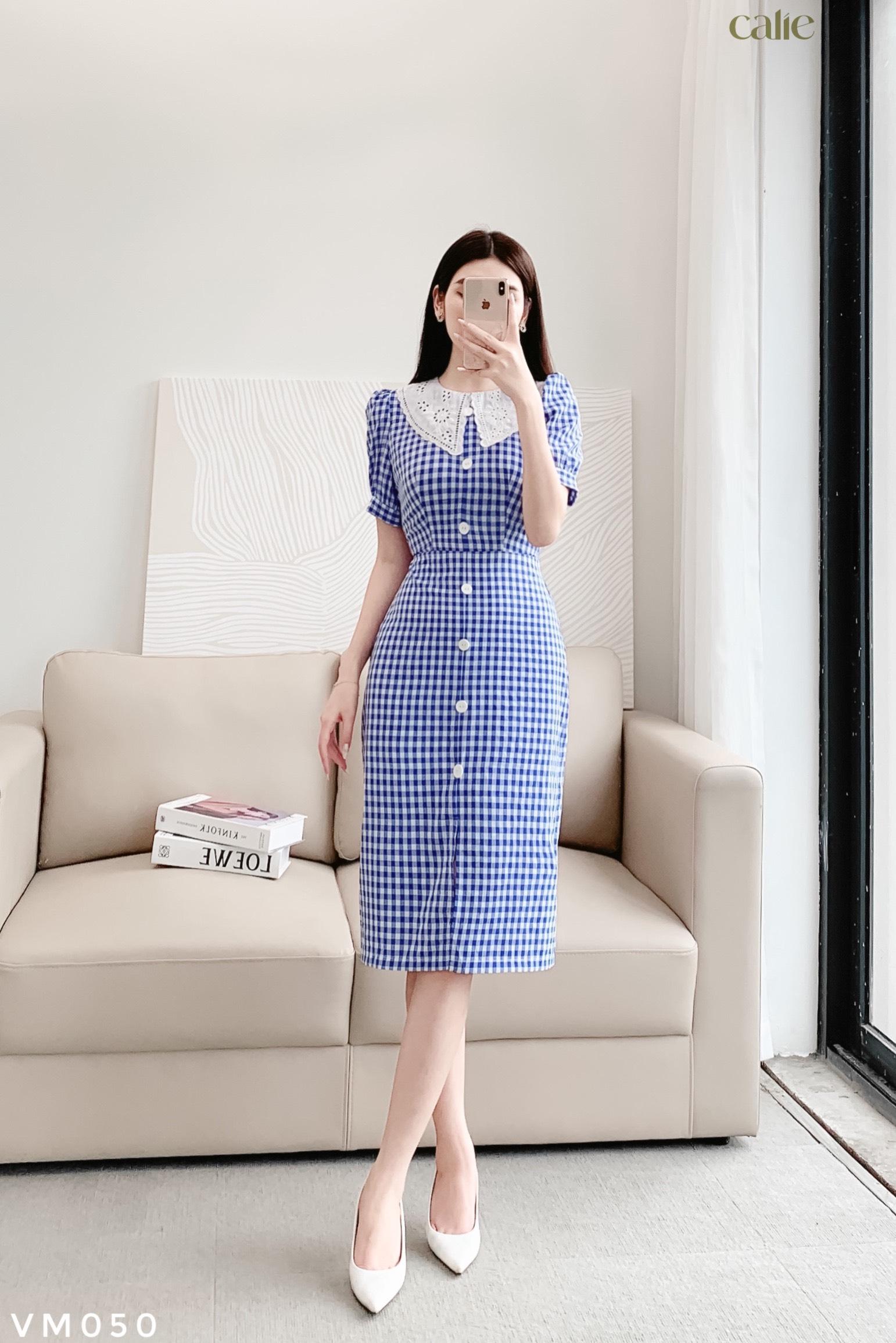 Váy midi phối cổ ren tay bồng nữ tính