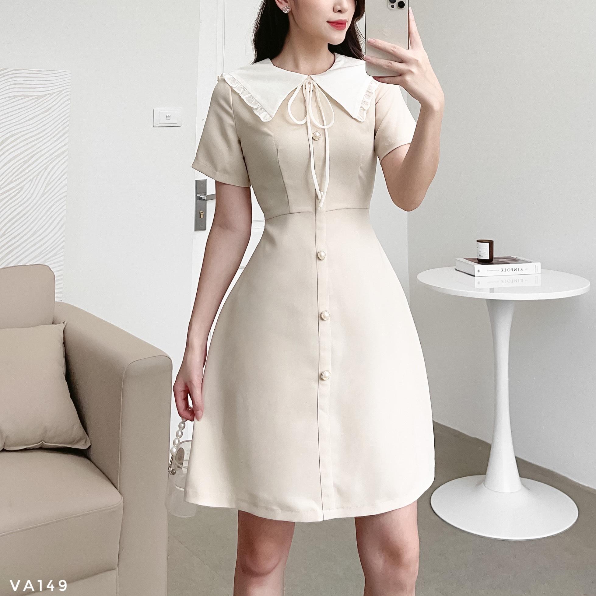 Váy dáng A cổ cách điệu phối bèo tiểu thư