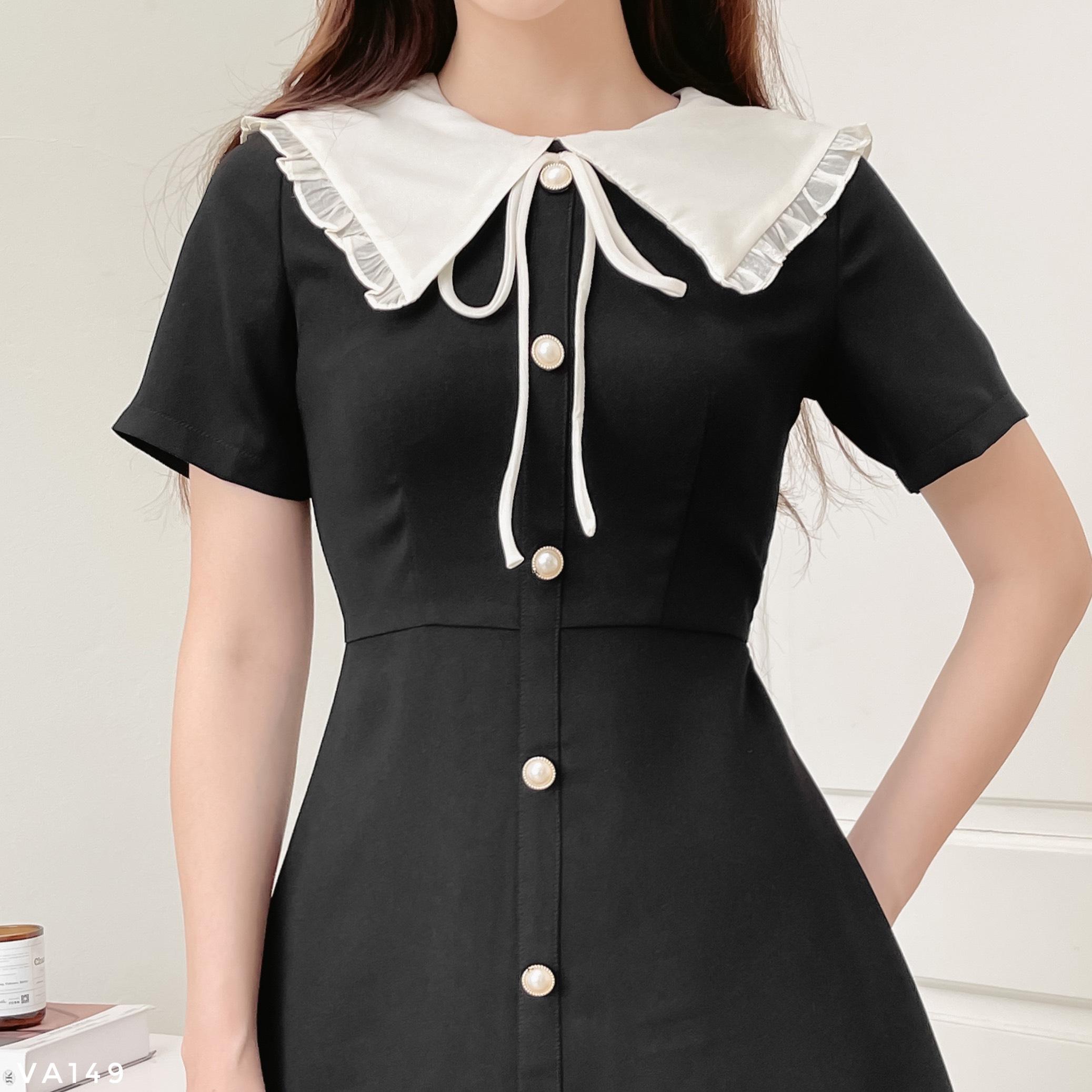 Váy dáng A cổ cách điệu phối bèo tiểu thư