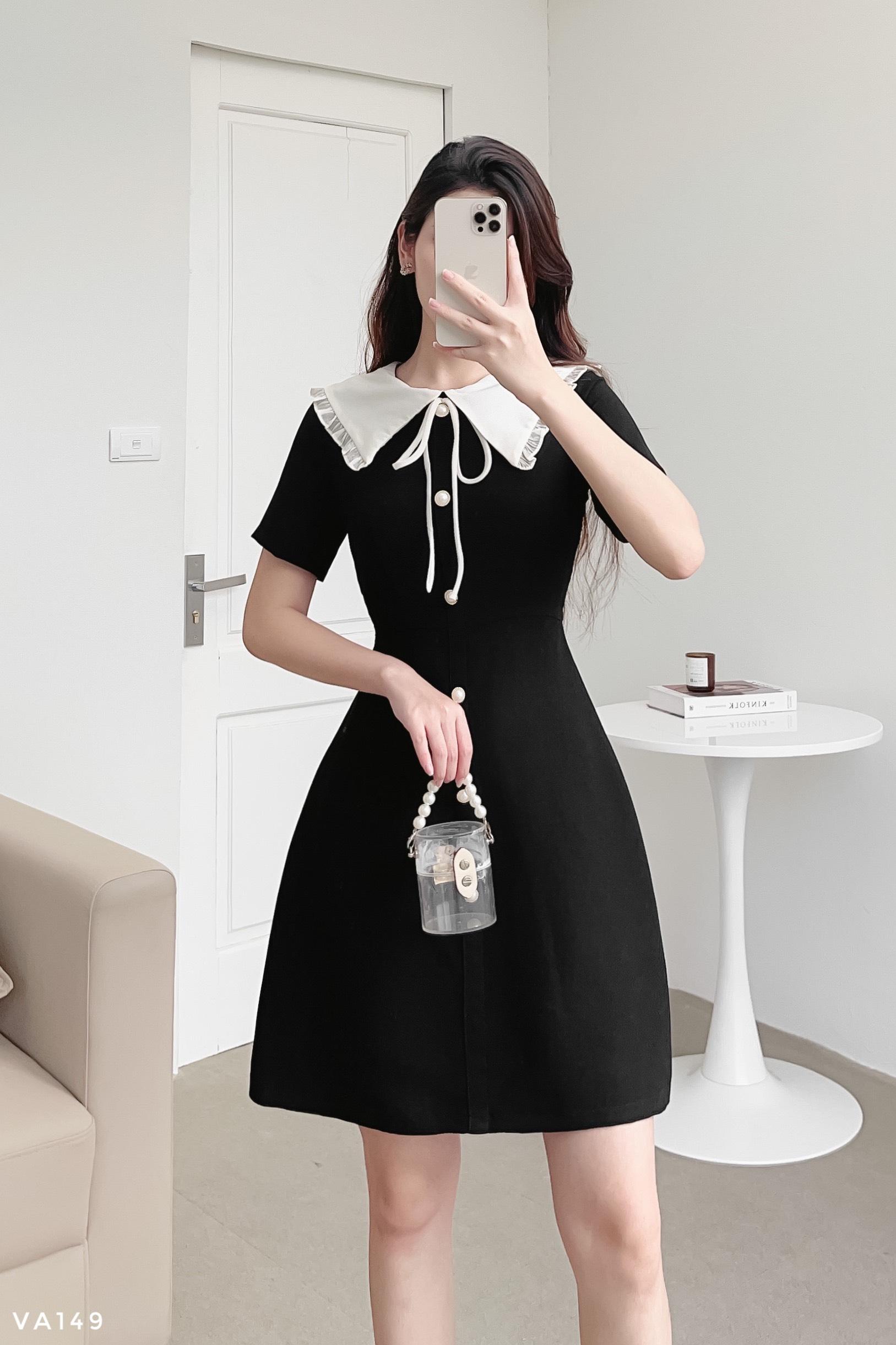 Váy dáng A cổ cách điệu phối bèo tiểu thư
