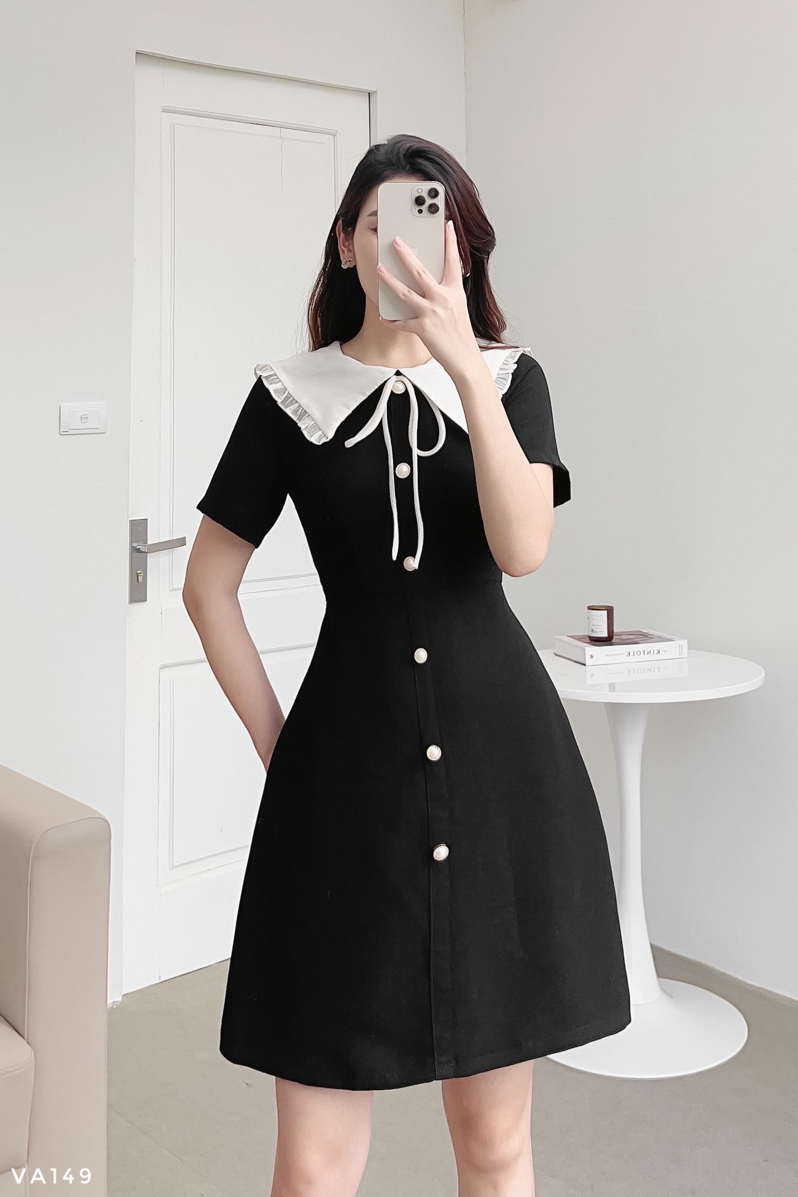 Váy dáng A cổ cách điệu phối bèo tiểu thư