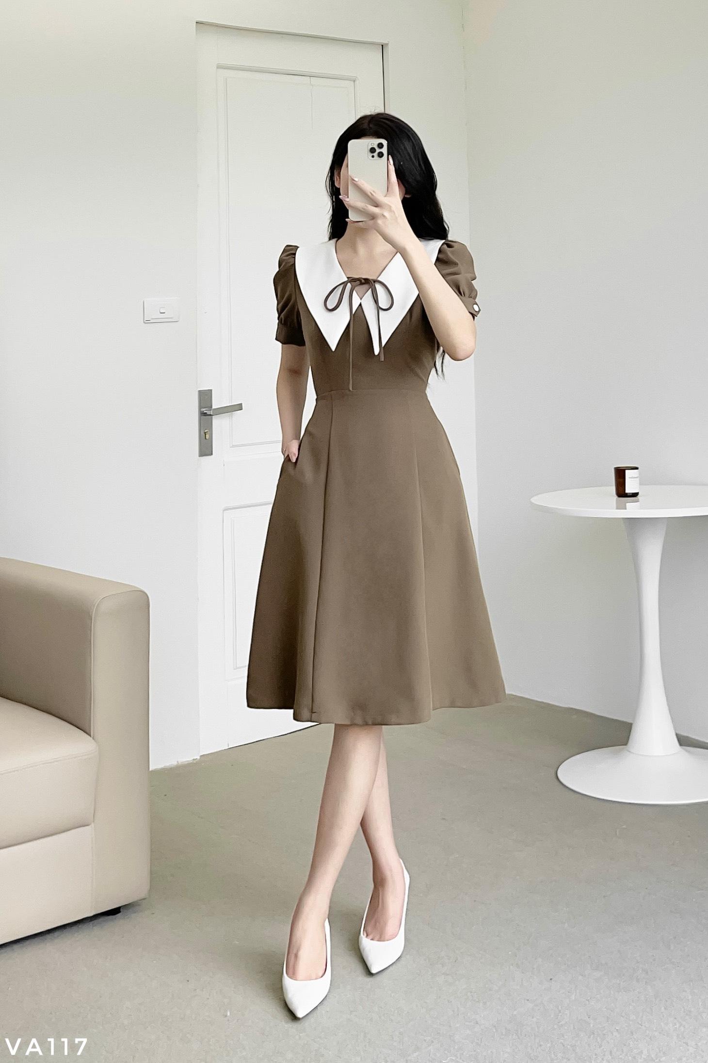 Váy dáng A cổ phối tay bồng thanh lịch