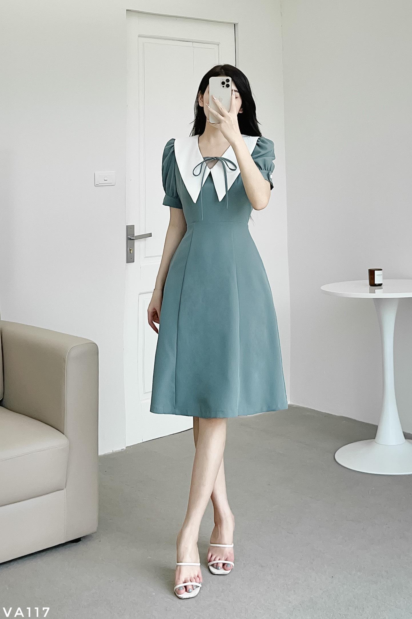 Váy dáng A cổ phối tay bồng thanh lịch