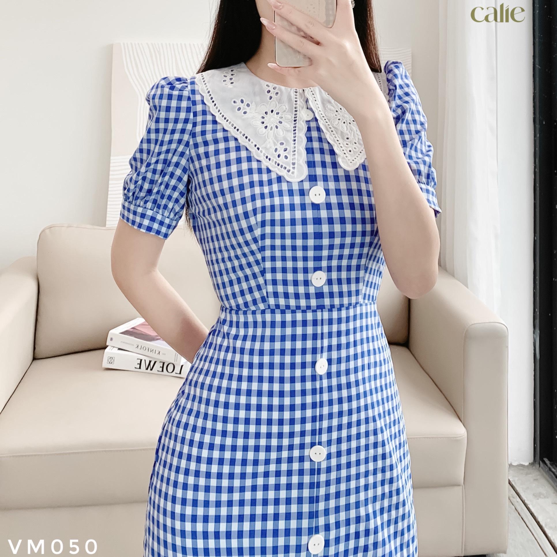 Váy midi phối cổ ren tay bồng nữ tính