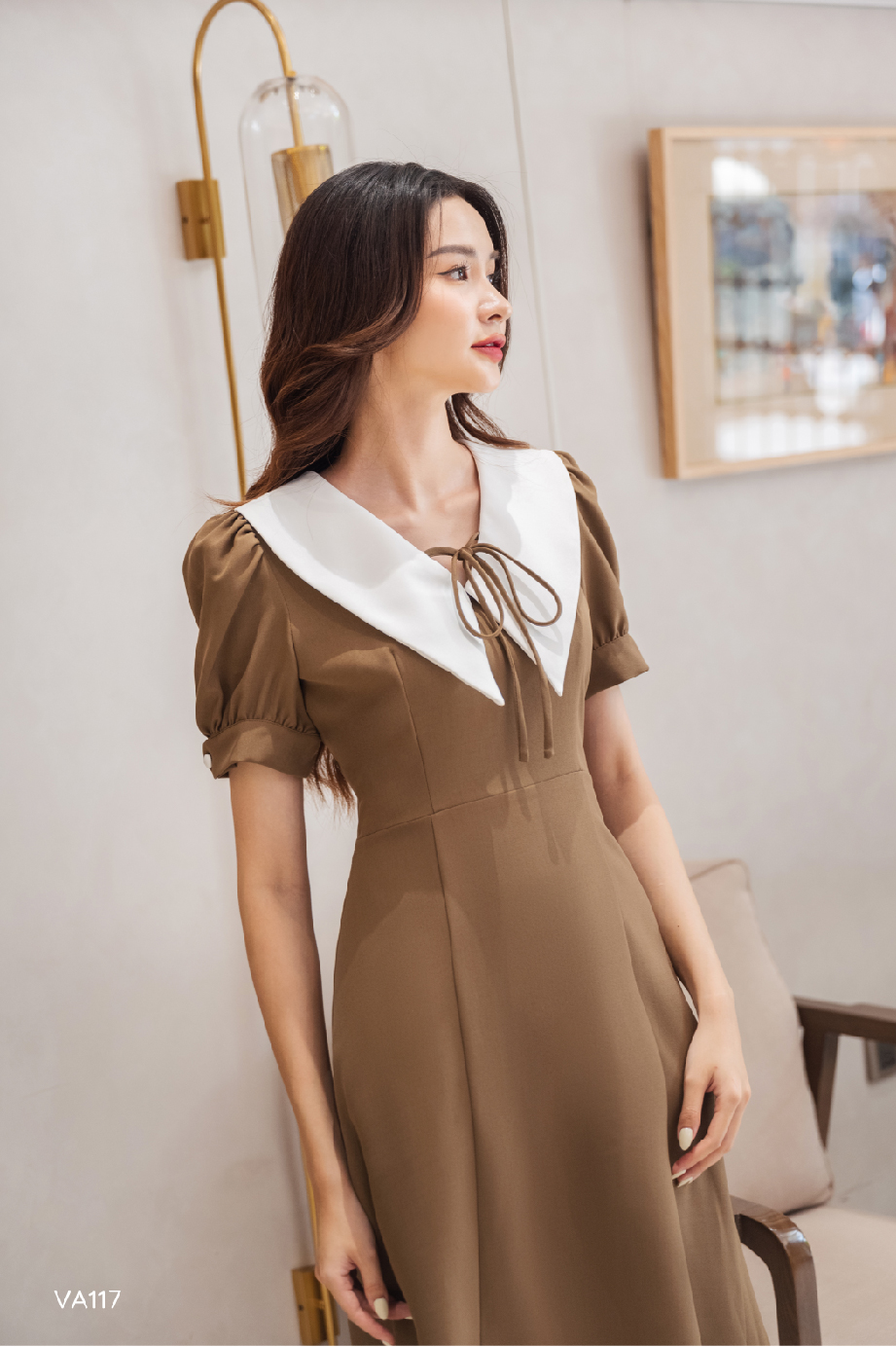 Váy dáng A cổ phối tay bồng thanh lịch
