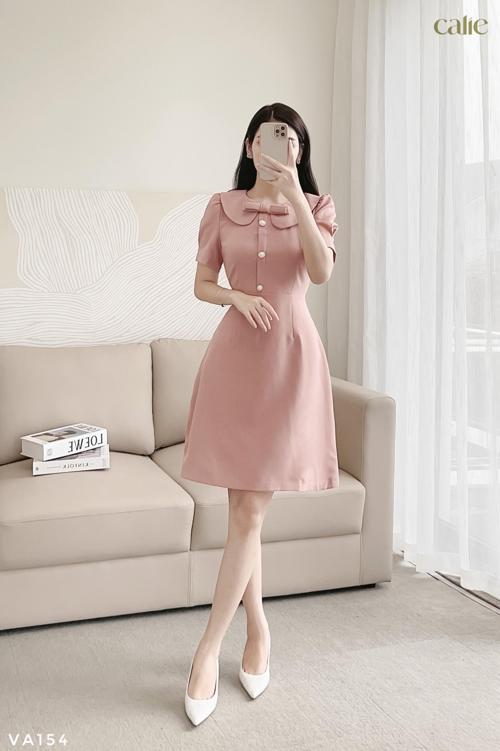 Váy dáng A tay bồng cổ sen nữ tính