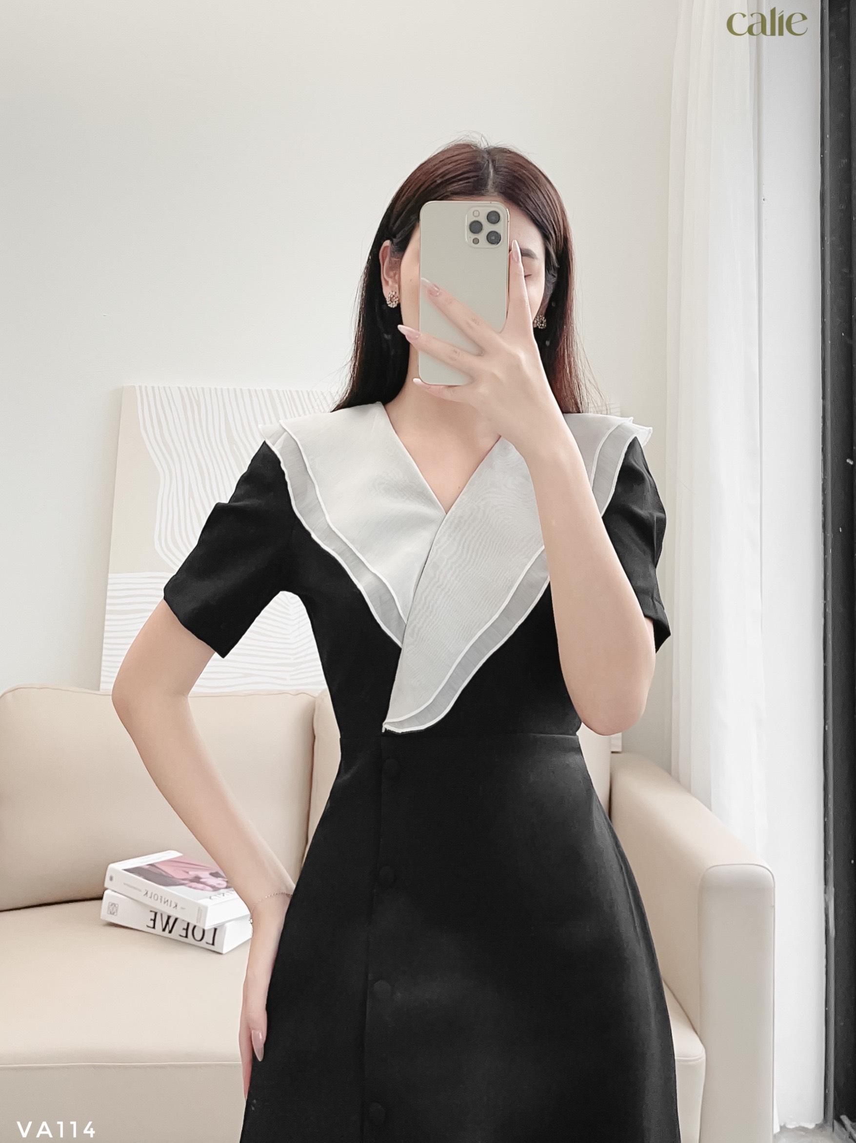 Váy dáng A cổ phối tơ tiểu thư