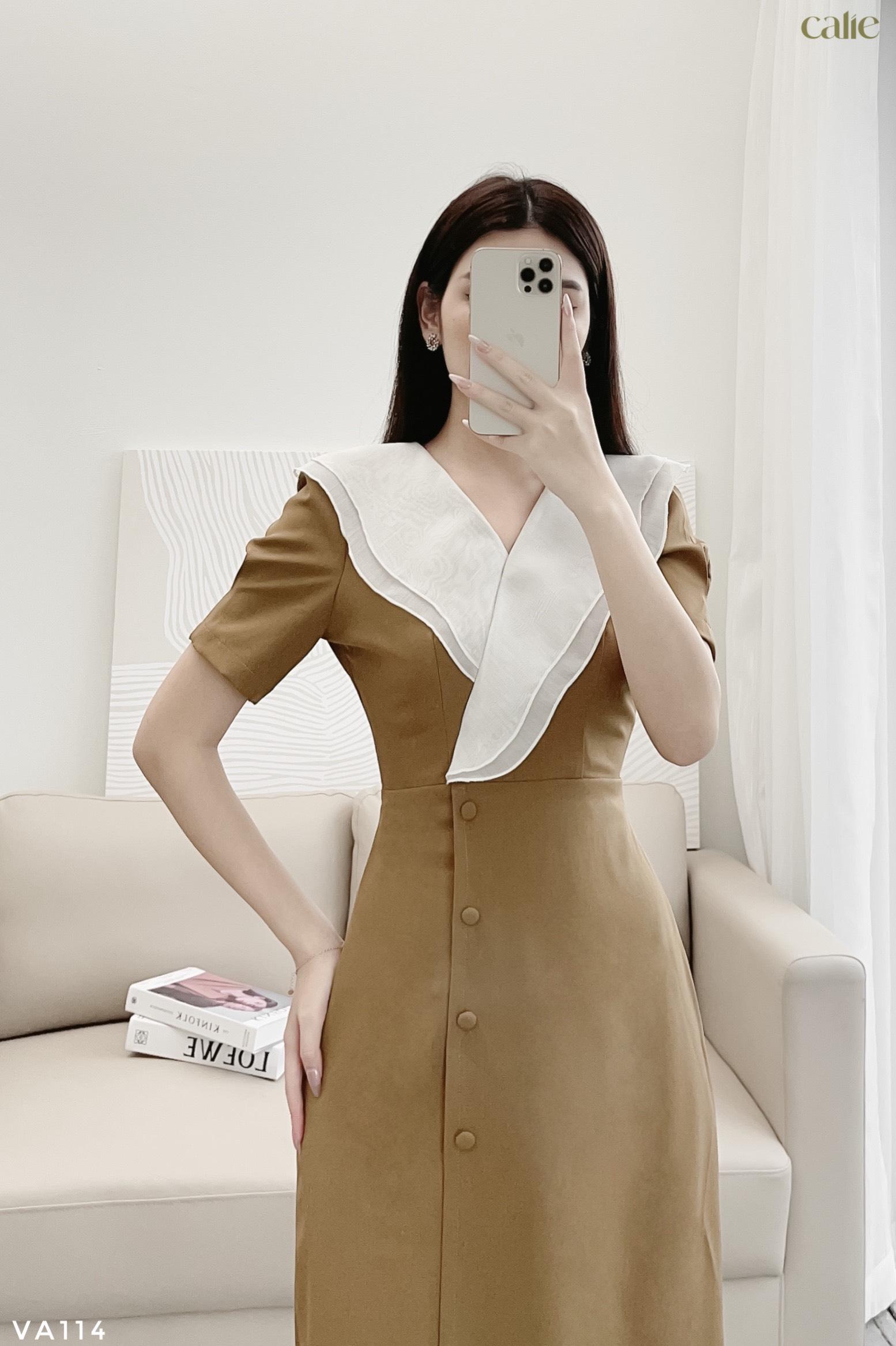 Váy dáng A cổ phối tơ tiểu thư