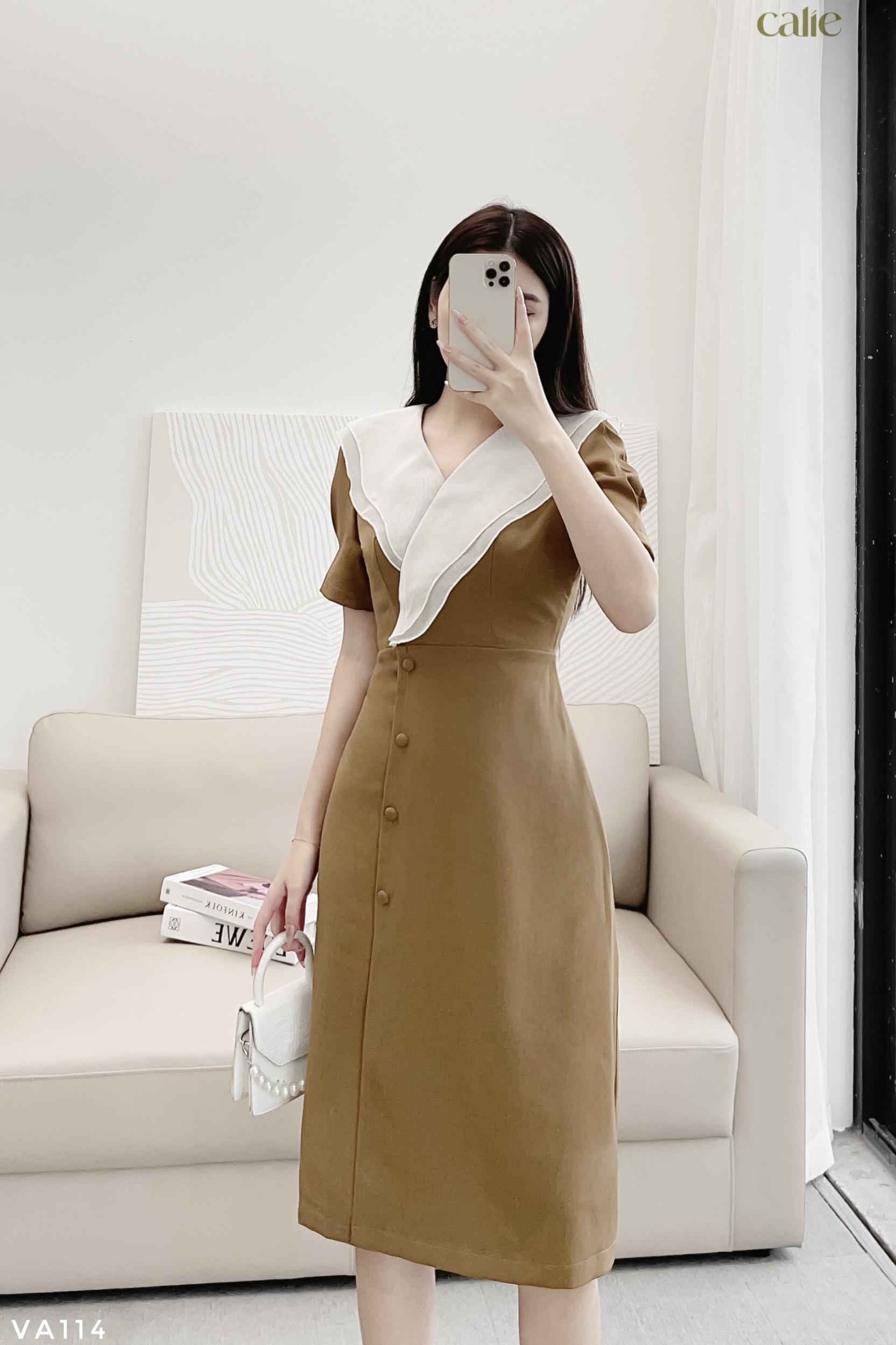 Váy dáng A cổ phối tơ tiểu thư
