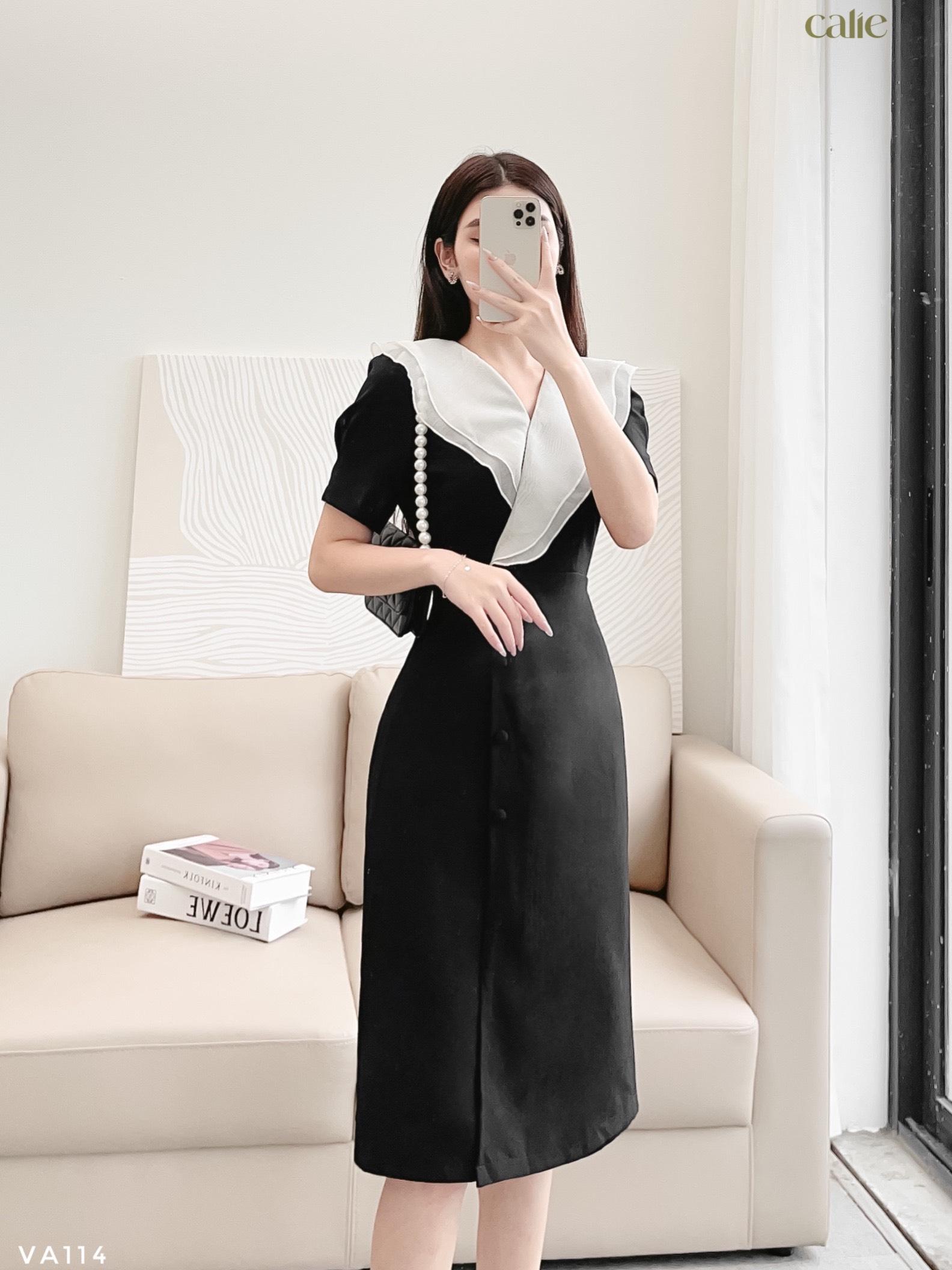 Váy dáng A cổ phối tơ tiểu thư