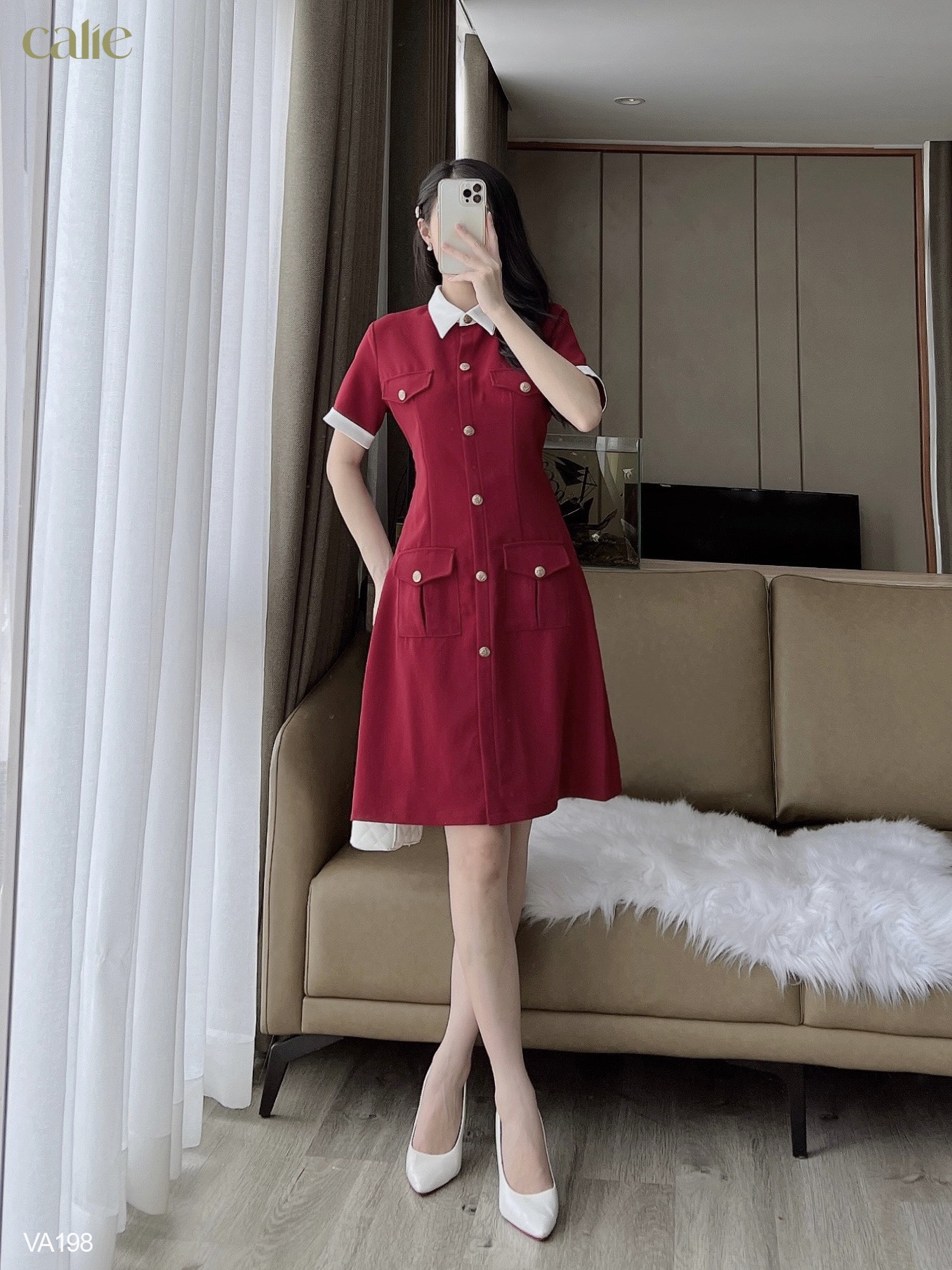Váy dáng A tay phối cúc đồng trẻ trung