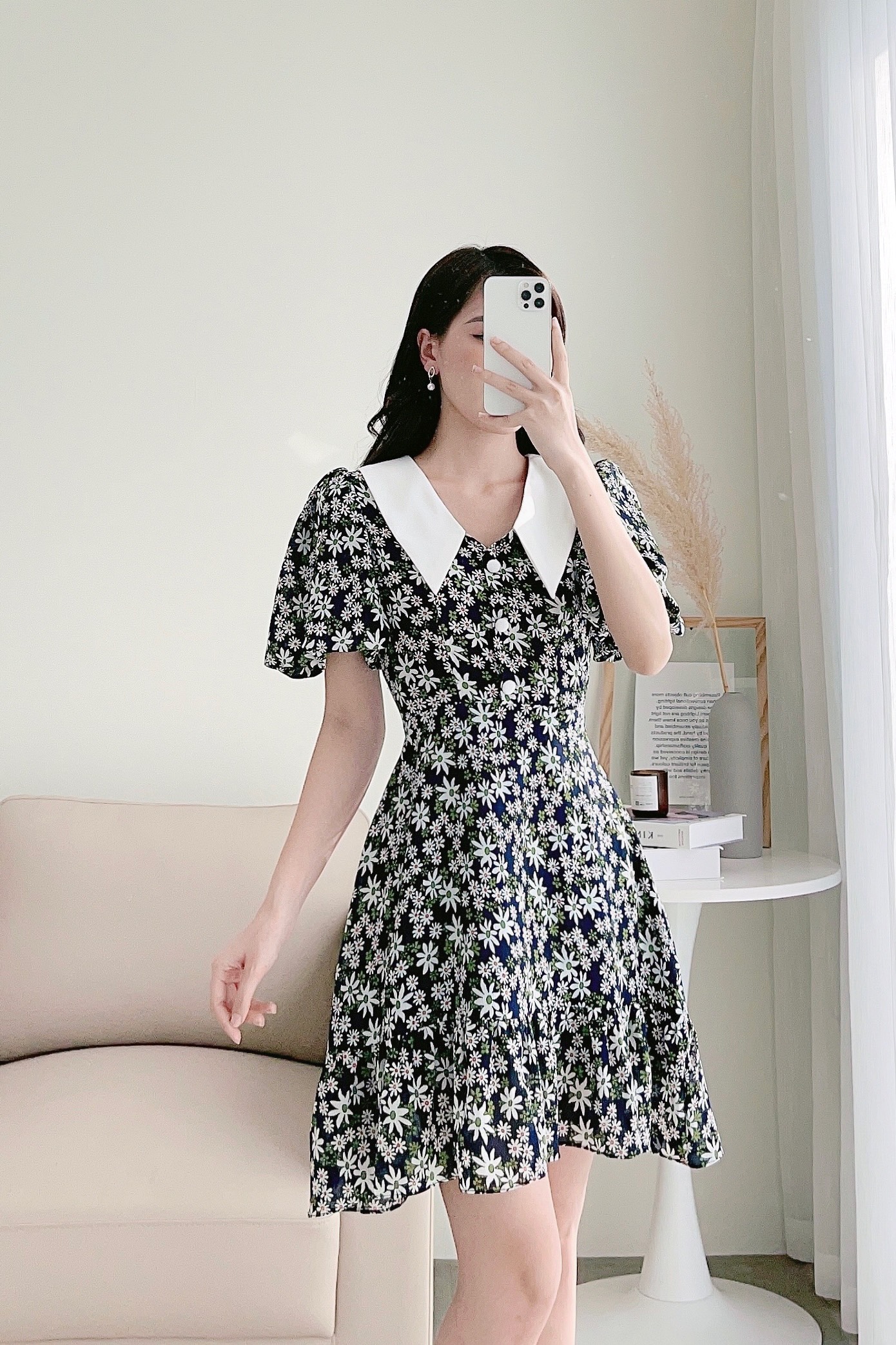 Váy hoa dáng A phối cổ thanh lịch