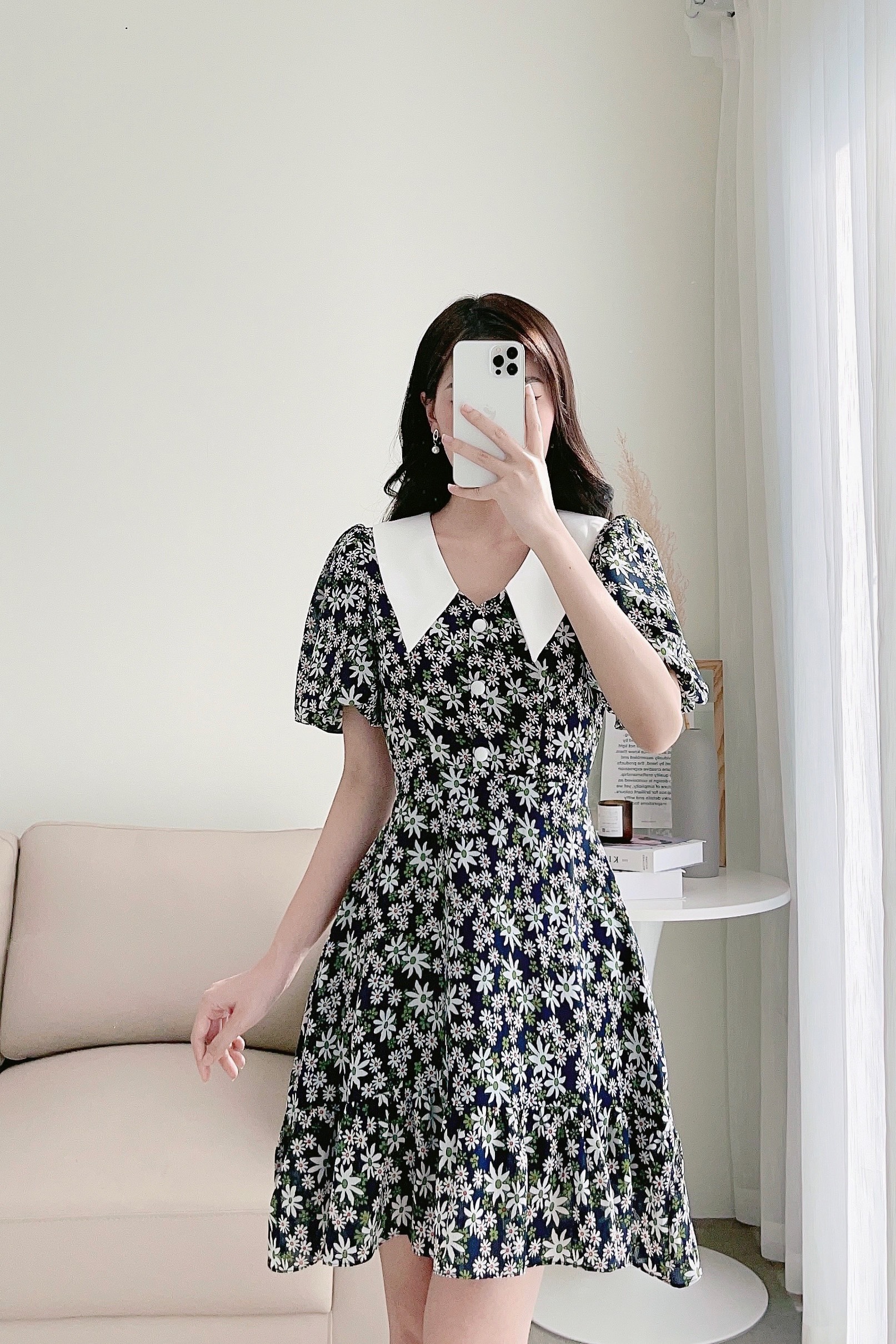 Váy hoa dáng A phối cổ thanh lịch