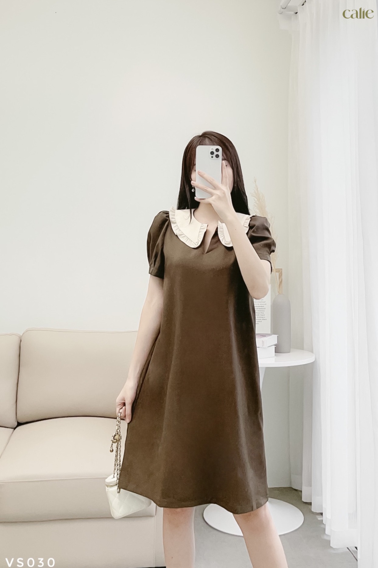 Váy dáng suông cổ phối bèo tiểu thư