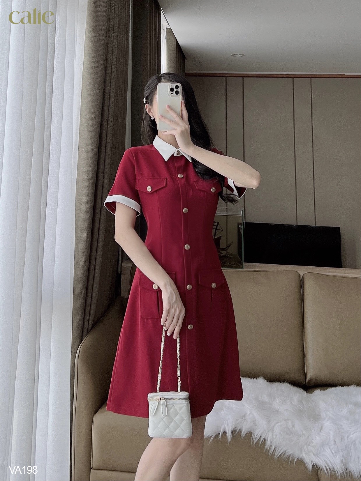 Váy dáng A tay phối cúc đồng trẻ trung