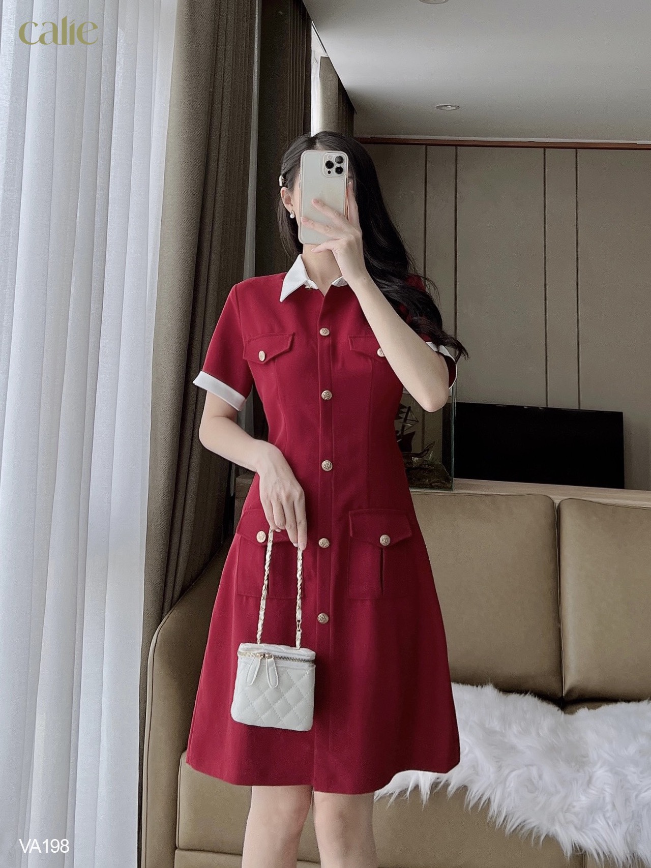 Váy dáng A tay phối cúc đồng trẻ trung