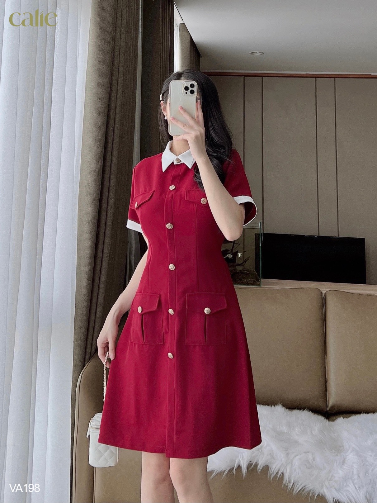 Váy dáng A tay phối cúc đồng trẻ trung