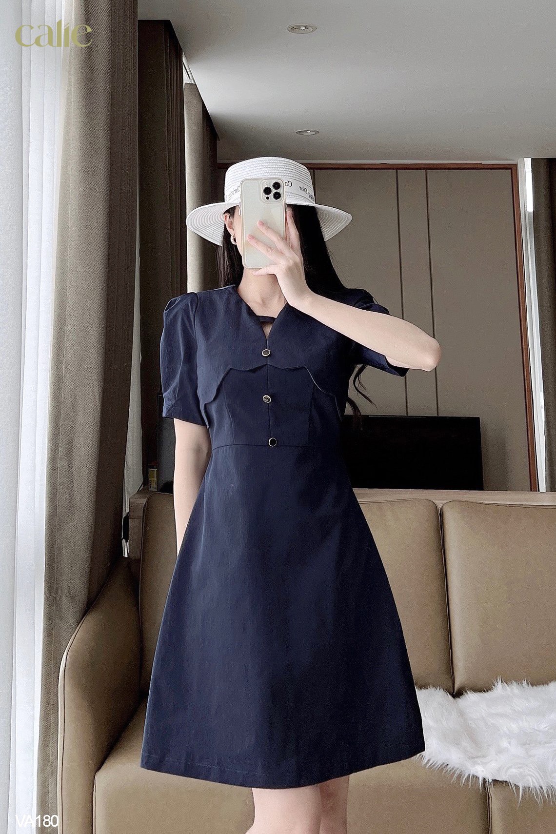 Váy dáng A cổ cách điệu tay bồng nữ tính