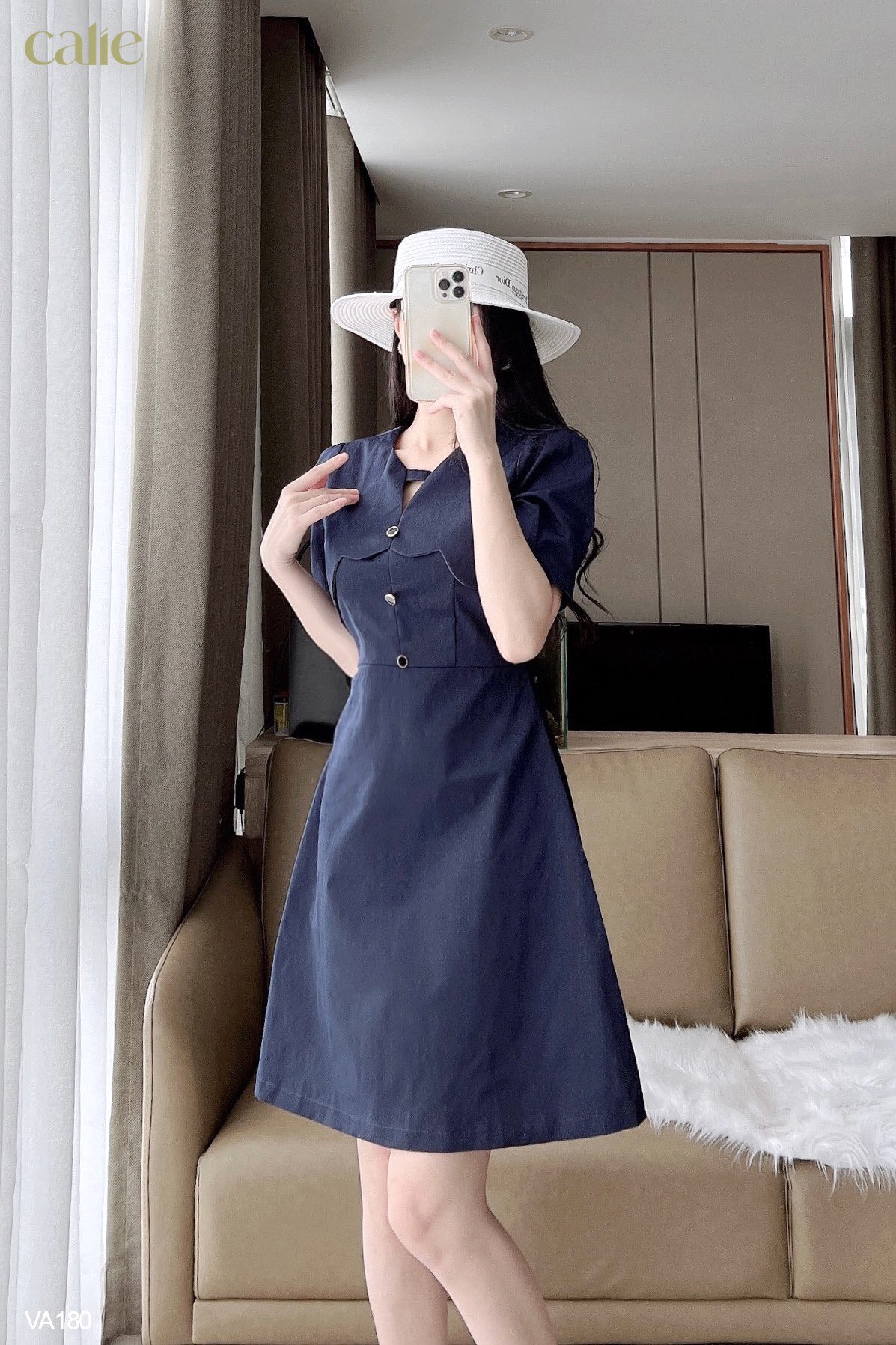 Váy dáng A cổ cách điệu tay bồng nữ tính