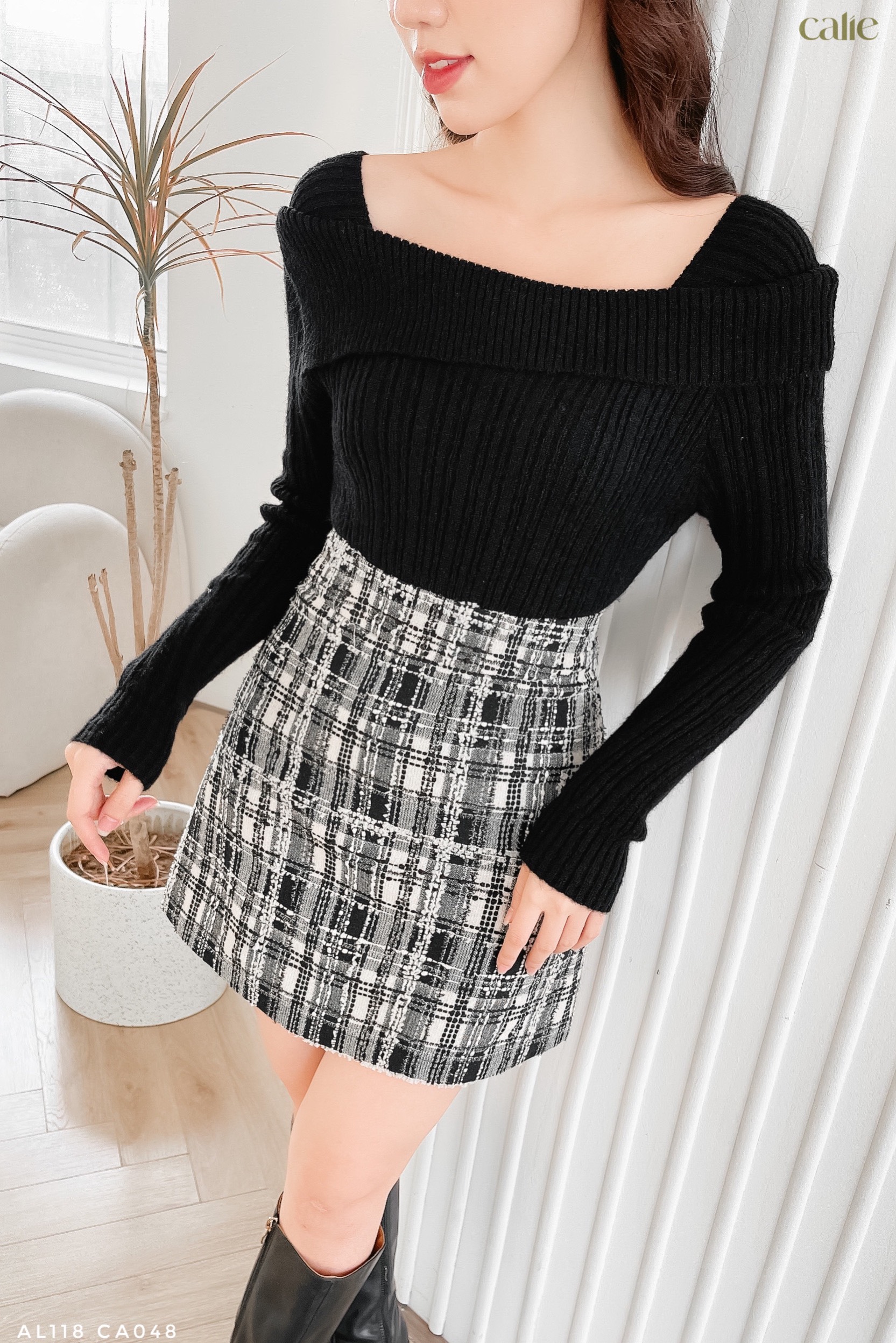 Chân váy A dạ tweed basic