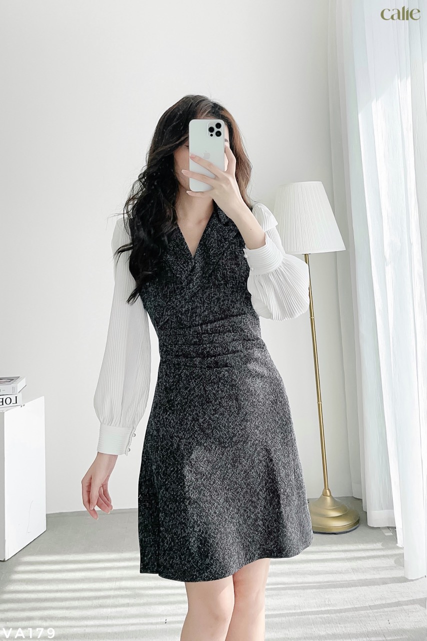 Váy dáng A cổ vest tay xếp ly thanh lịch