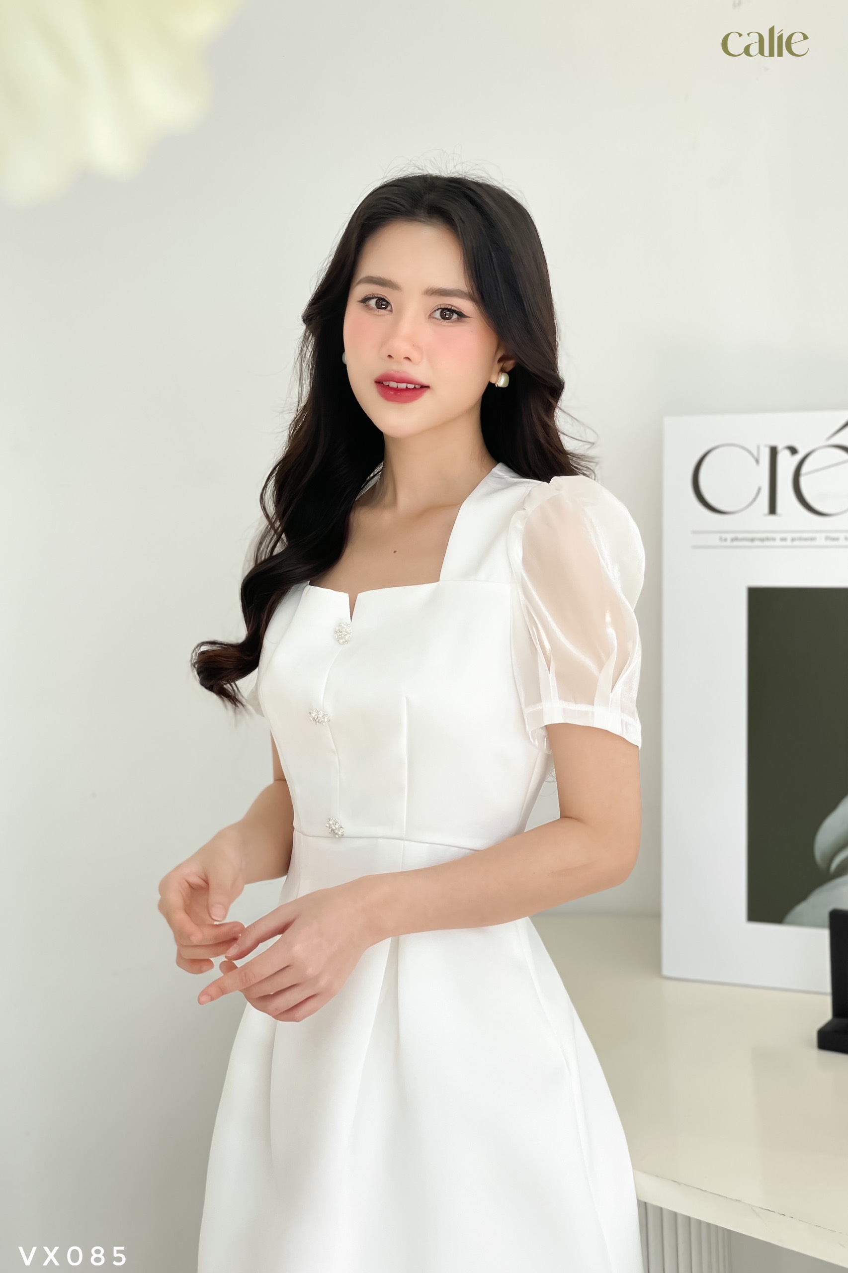 Váy dáng xòe tay phối tơ tiểu thư