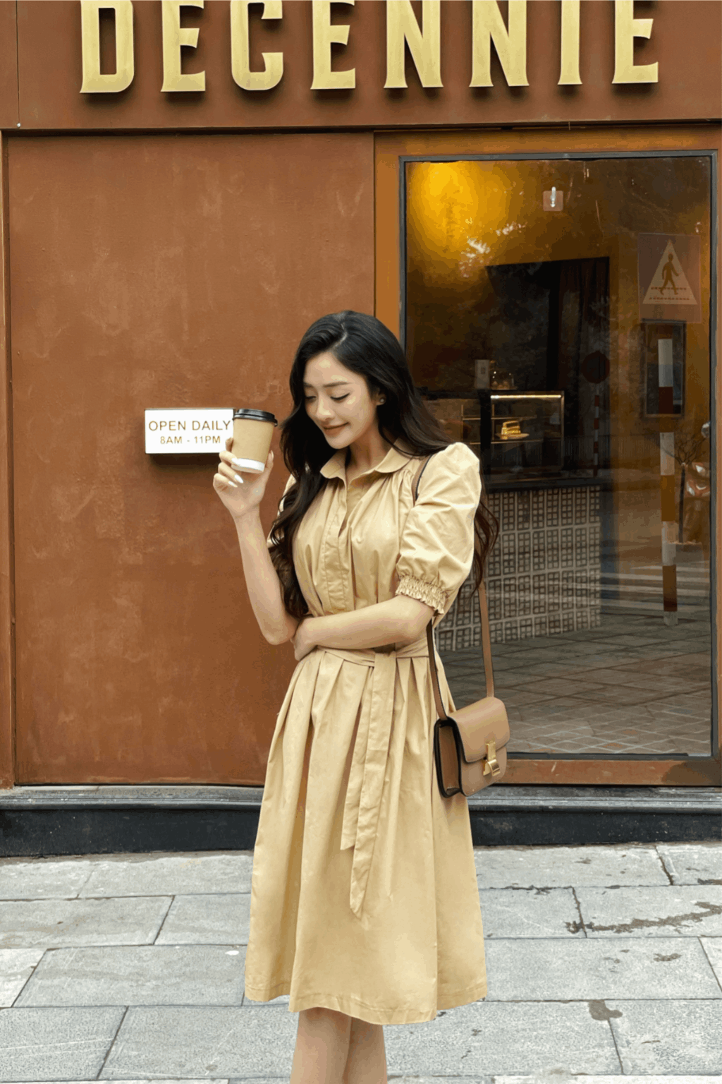Váy midi suông tay lỡ nhún vai đai eo
