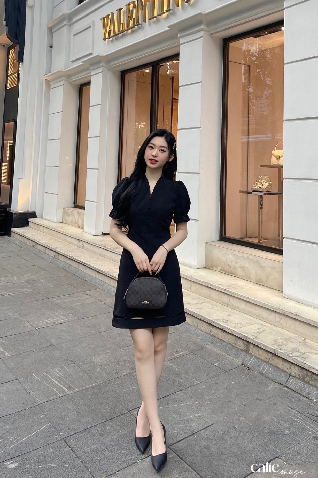 Váy Dáng A mini phối cúc bọc tay bồng chân váy lượn nữ tính