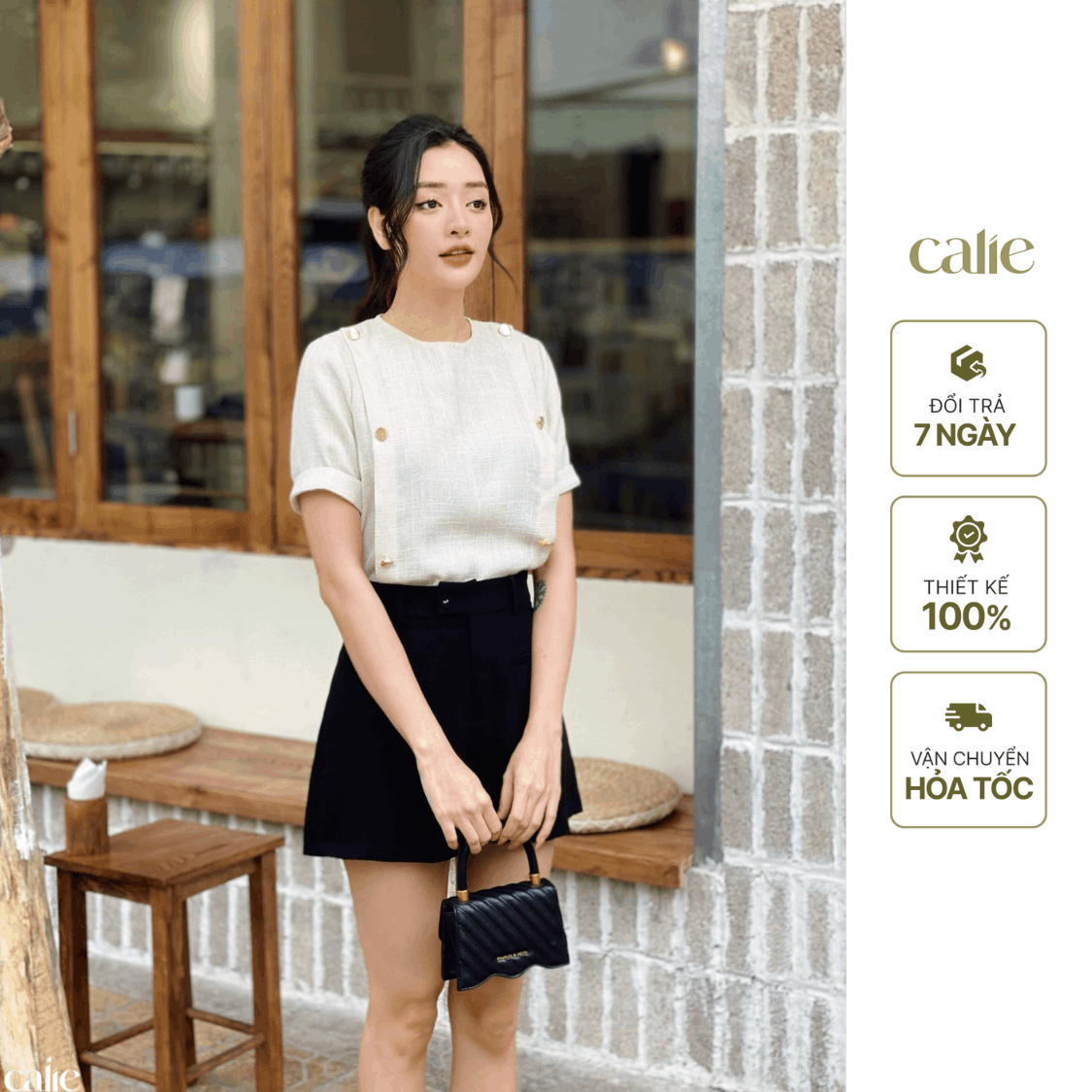 Áo cách điệu tay cộc lơ vê đính cúc