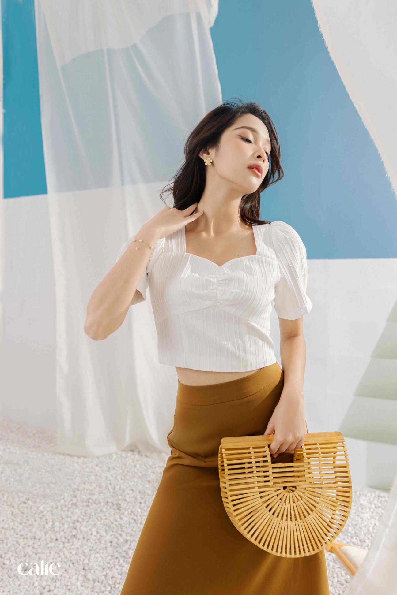Aó croptop cúp ngực tay bồng