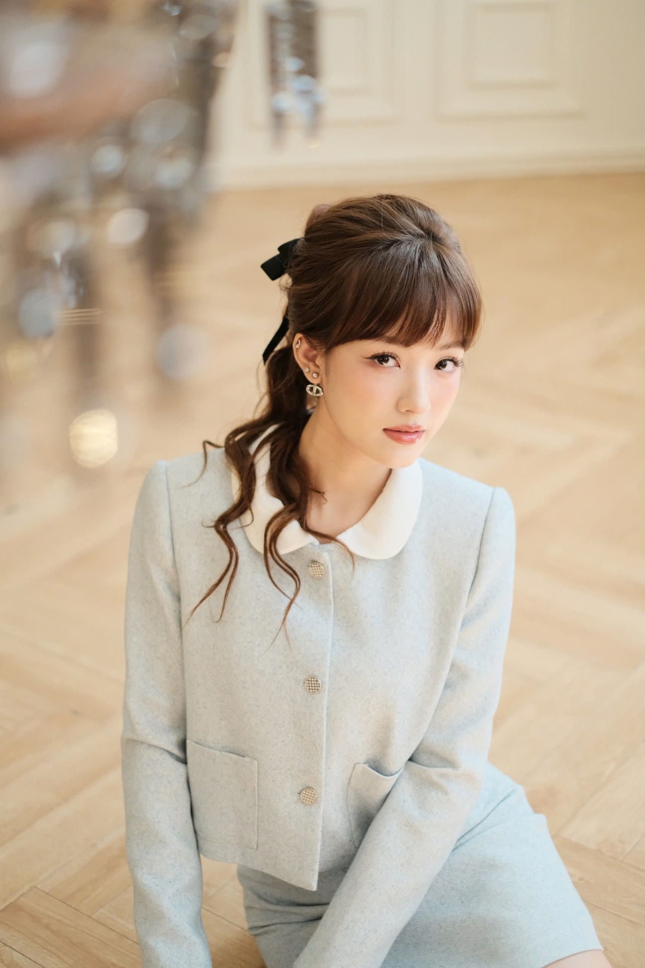 Áo khoác dạ tweed dáng lửng cổ rời