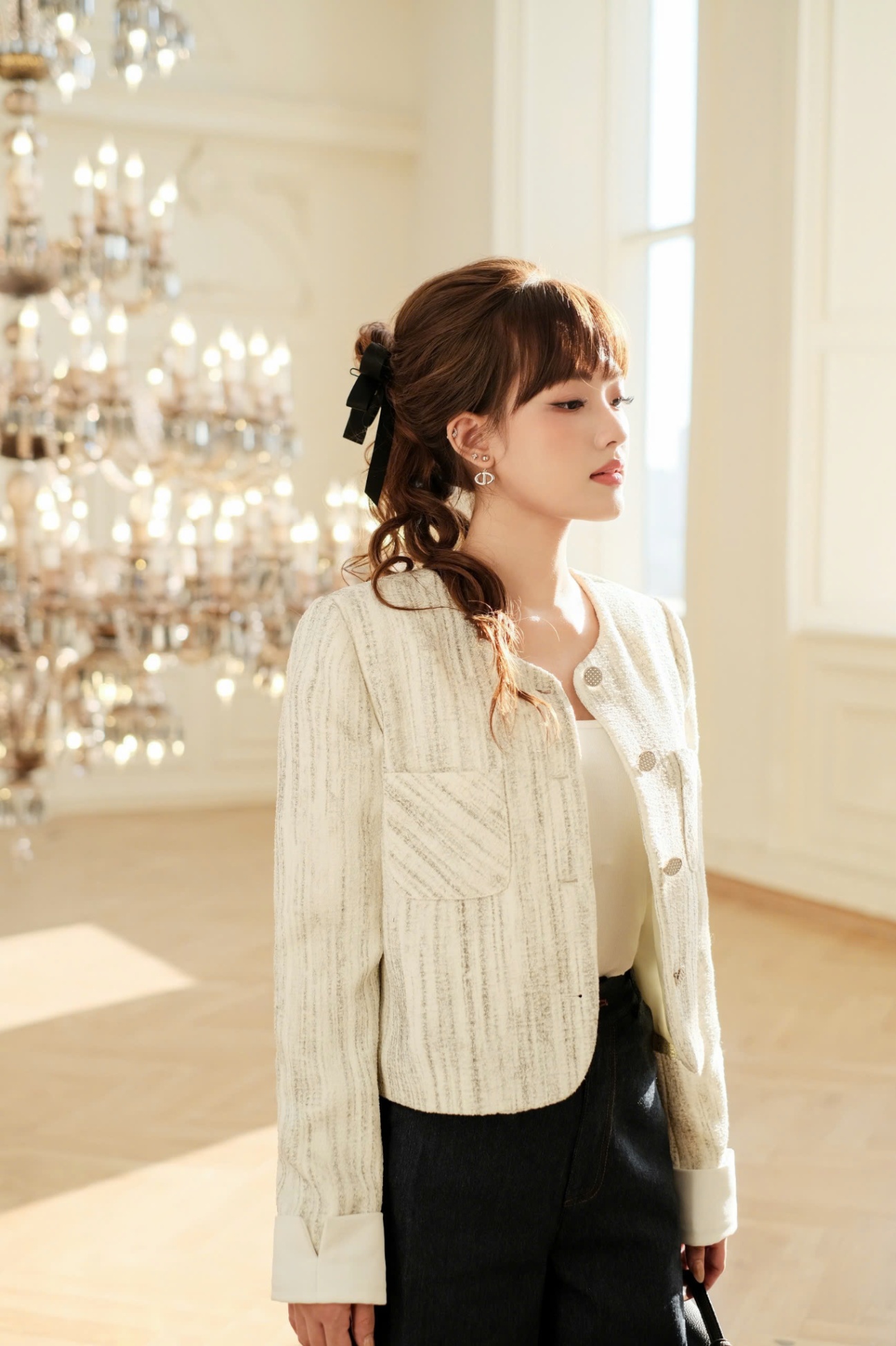 Áo khoác dạ tweed phối lật gấu tay