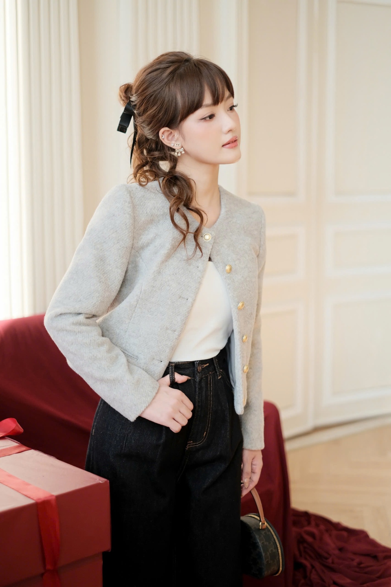 Áo khoác dạ cổ tròn túi cơi