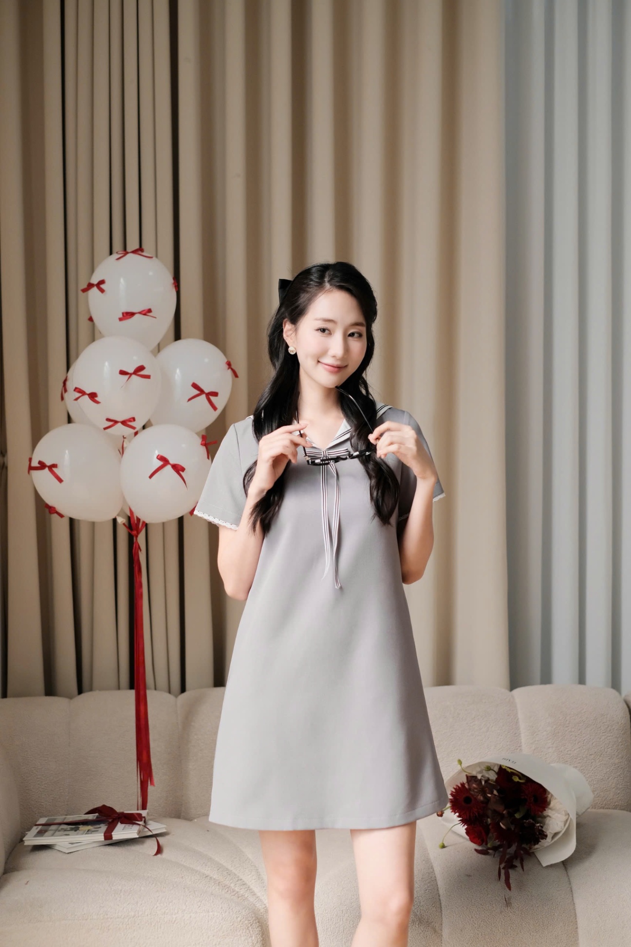 Đầm suông cổ thuỷ thủ dây nơ
