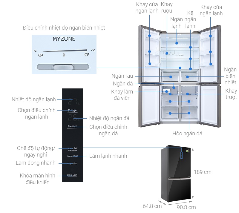 Tủ lạnh Aqua Inverter 469 lít Multi Door AQR-M536XA(WGB)