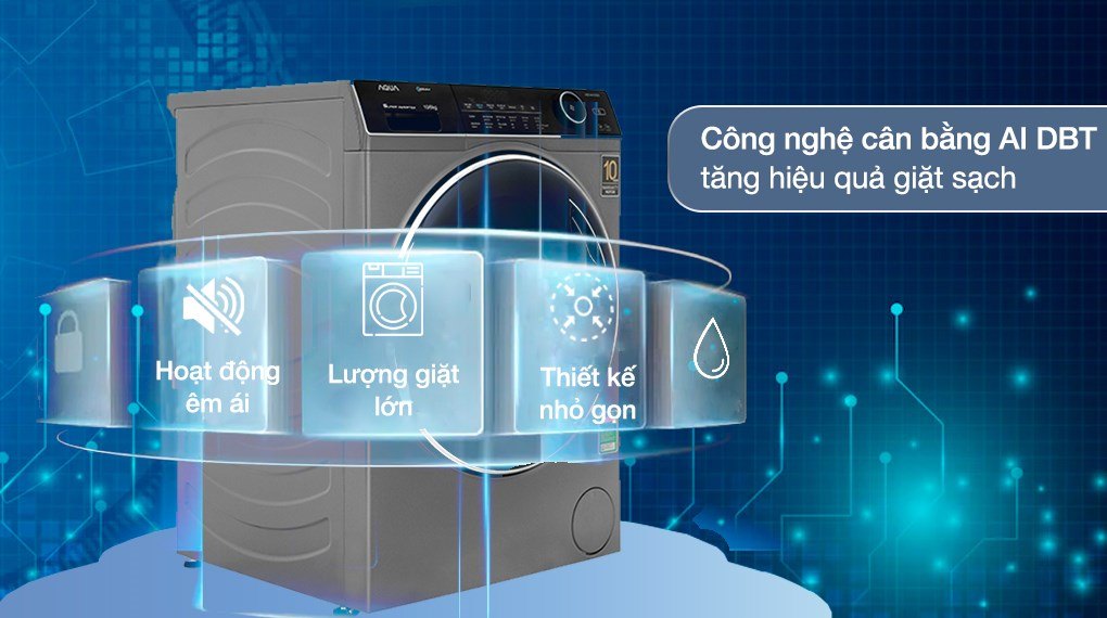 Máy Giặt Sấy Inverter Cửa Trước Lồng Ngang Aqua Giặt 10 kg - Sấy 6 kg AQD-AH1000G.PS