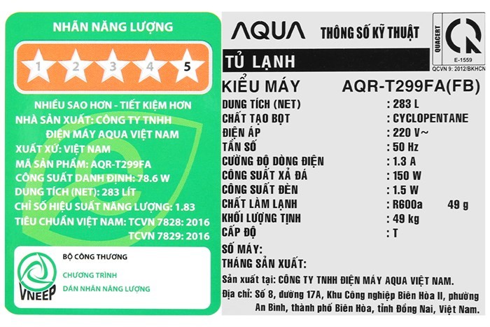 Tủ lạnh Aqua Inverter 283 lít AQR-T299FA(FB)