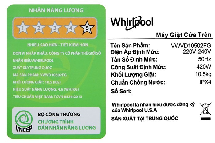 Máy giặt Whirlpool Inverter 10.5 kg VWVD10502FG