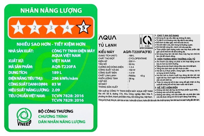 Tủ lạnh Aqua Inverter 189 lít AQR-T220FA(FB