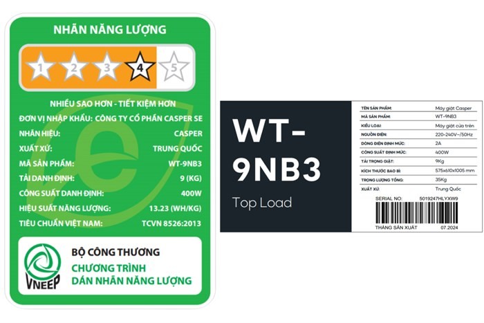 Máy giặt Casper cửa trên 9kg WT-9NB3