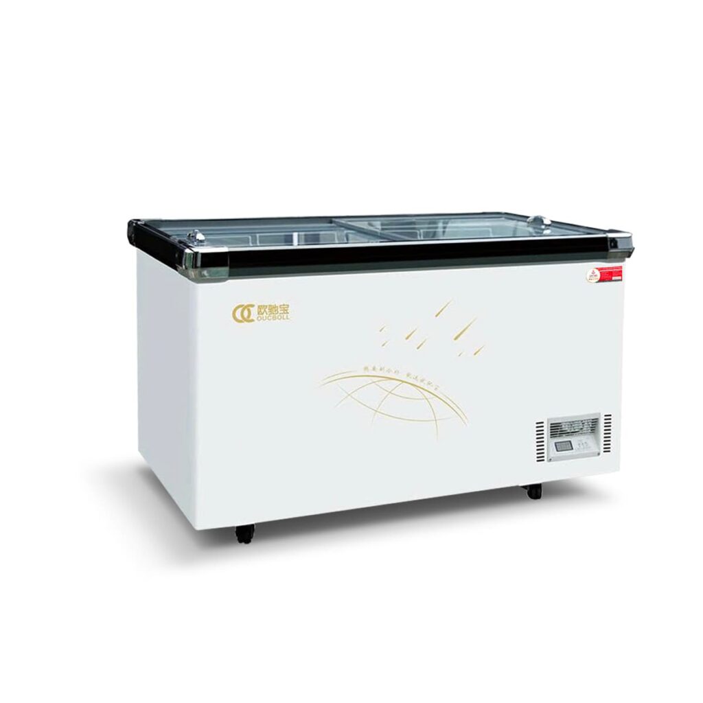 Tủ đông nằm mặt kính trưng bày phẳng Oucboll 498L SD/SC-498