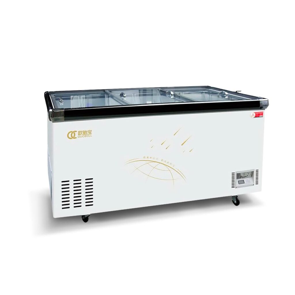 Tủ đông nằm mặt kính trưng bày phẳng Oucboll 838L SD/SC-838